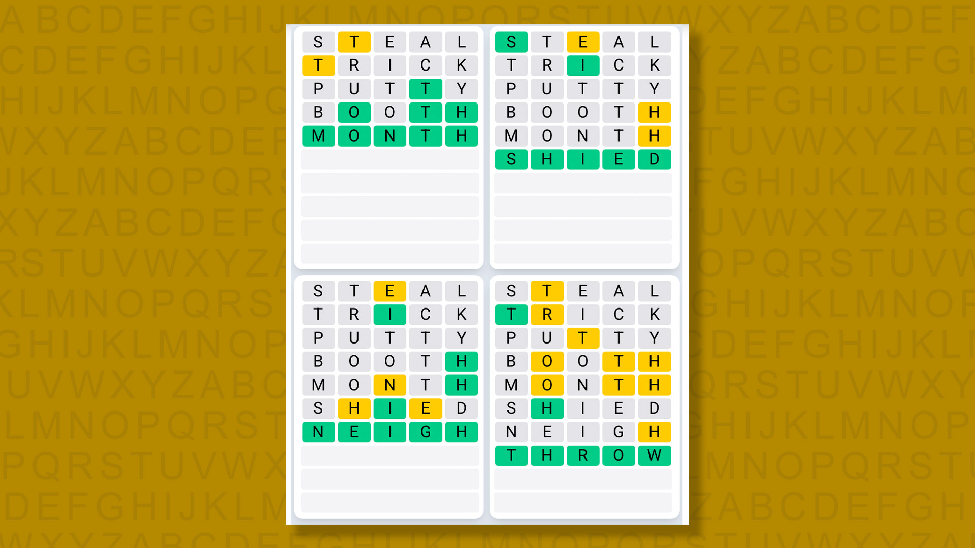 Quordle Daily Sequence Answers for the game 1580 on yellow background