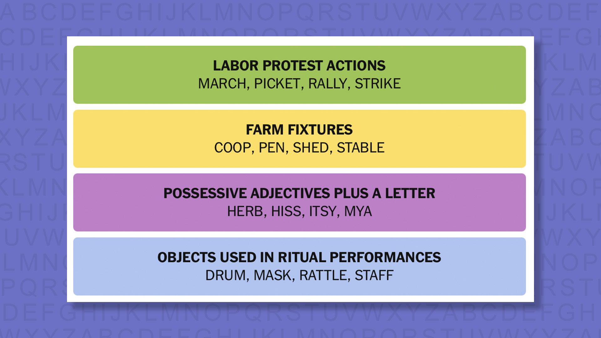 NYT Connections answers for game 1078 on purple background