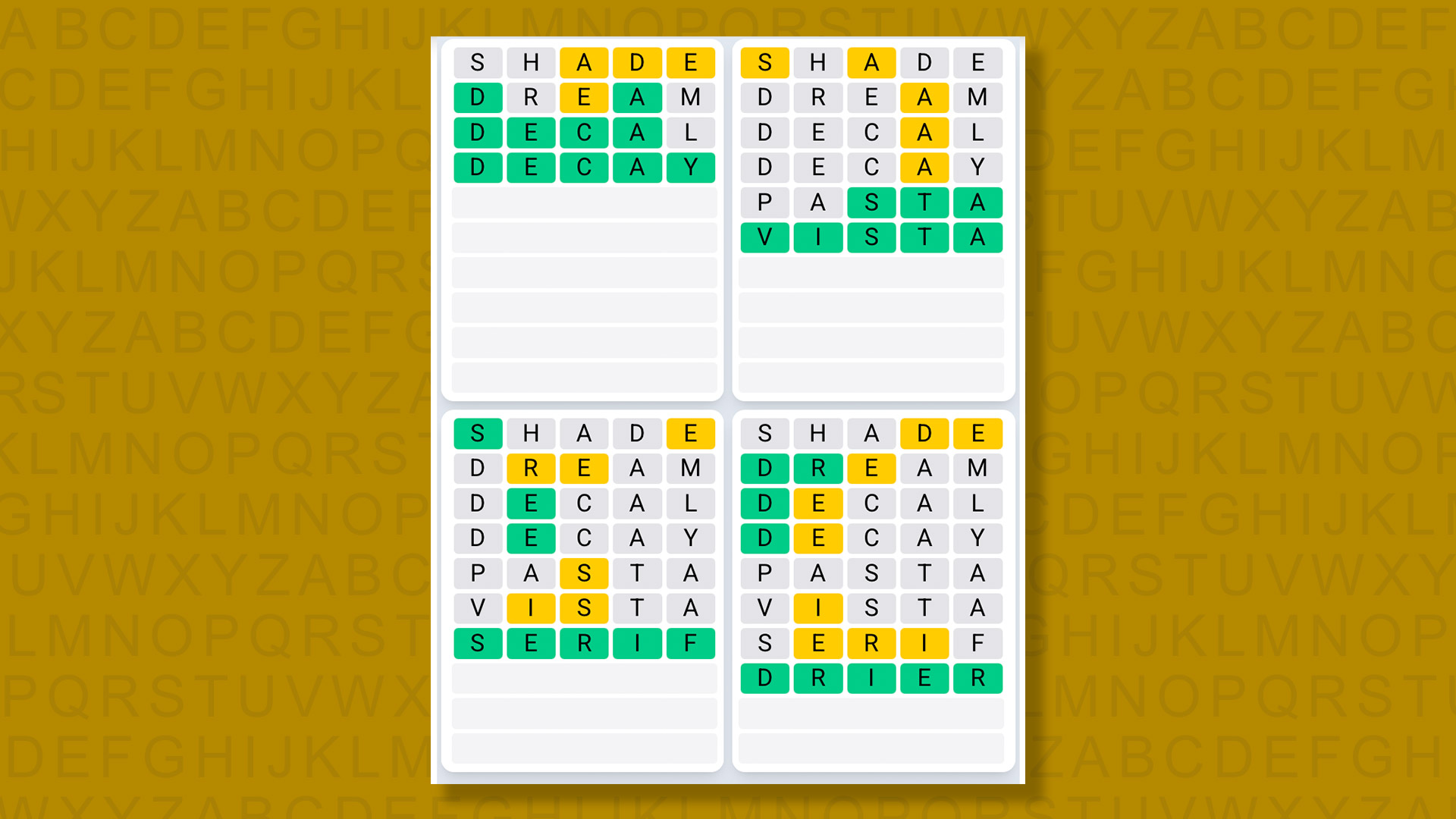 Quordle Daily Sequence answers for game 1582 on yellow background