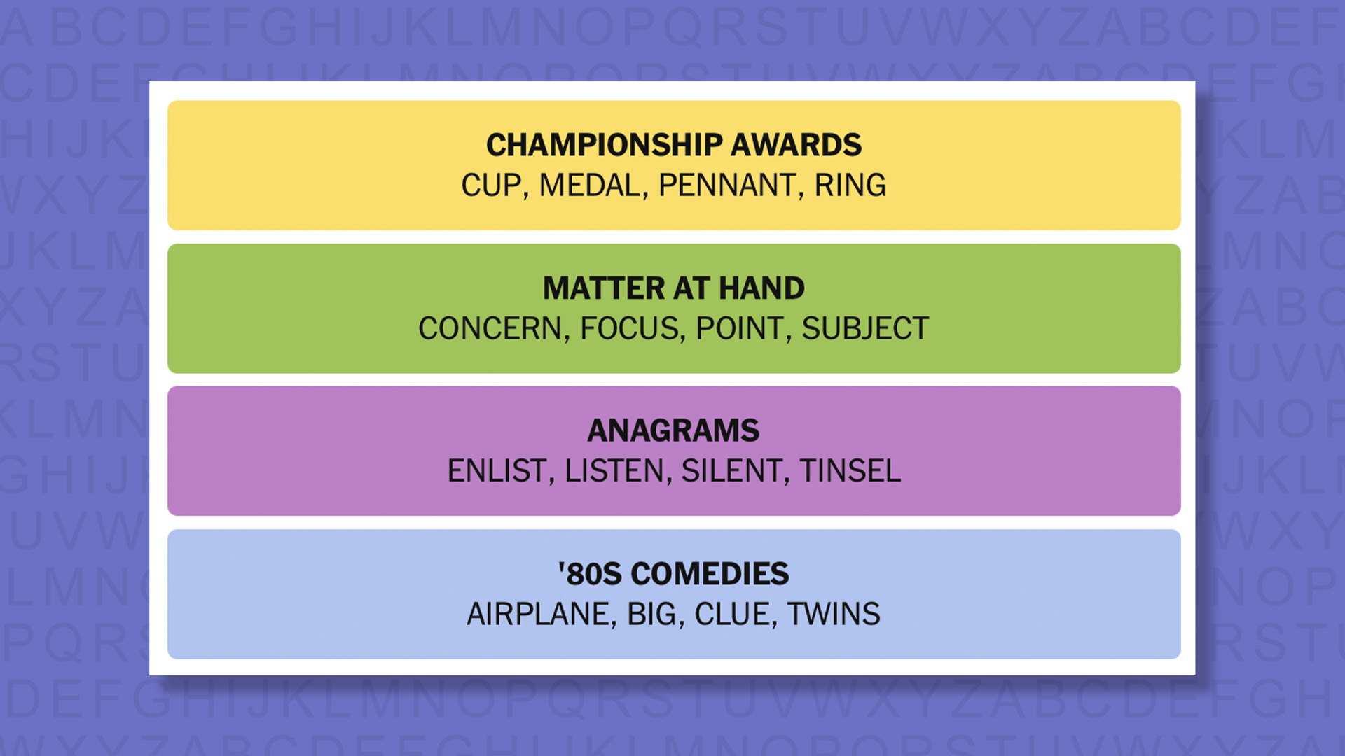 NYT Connections answers for game 1080 on purple background