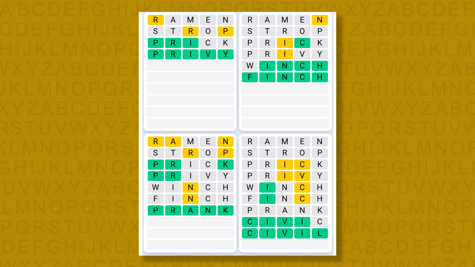 Quordle Daily Sequence answers for the game 1584 on yellow background