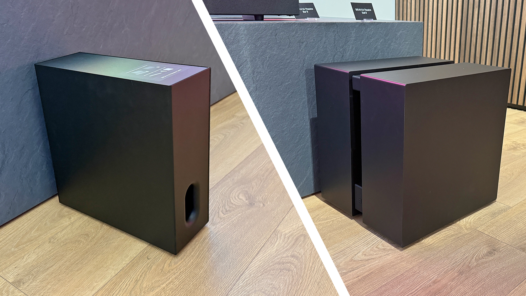 The Sony Bravia Sub 8 and Sub 9, showing that the Sub 9 is approximately twice the size of the Sub 8