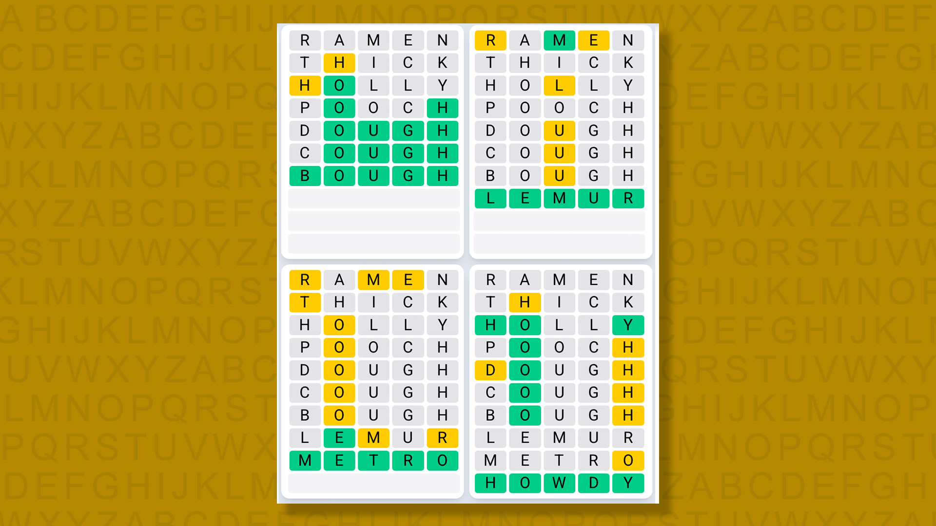Quordle Daily Sequence answers for the game 1585 on yellow background