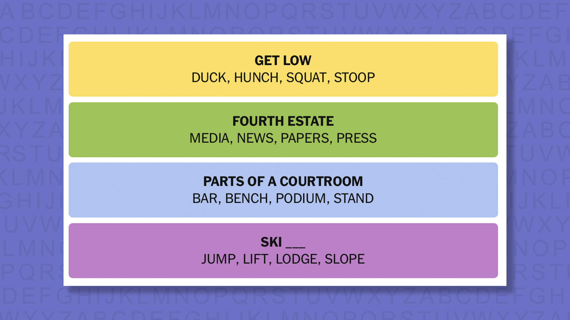 NYT Connections answers for game 1082 on purple background