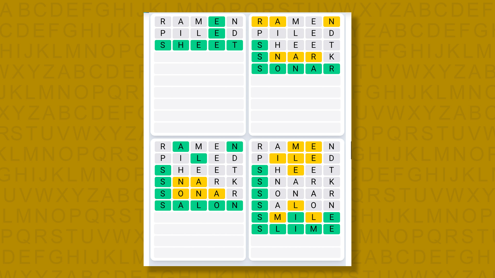 Quordle Daily Sequence answers for the game 1586 on yellow background
