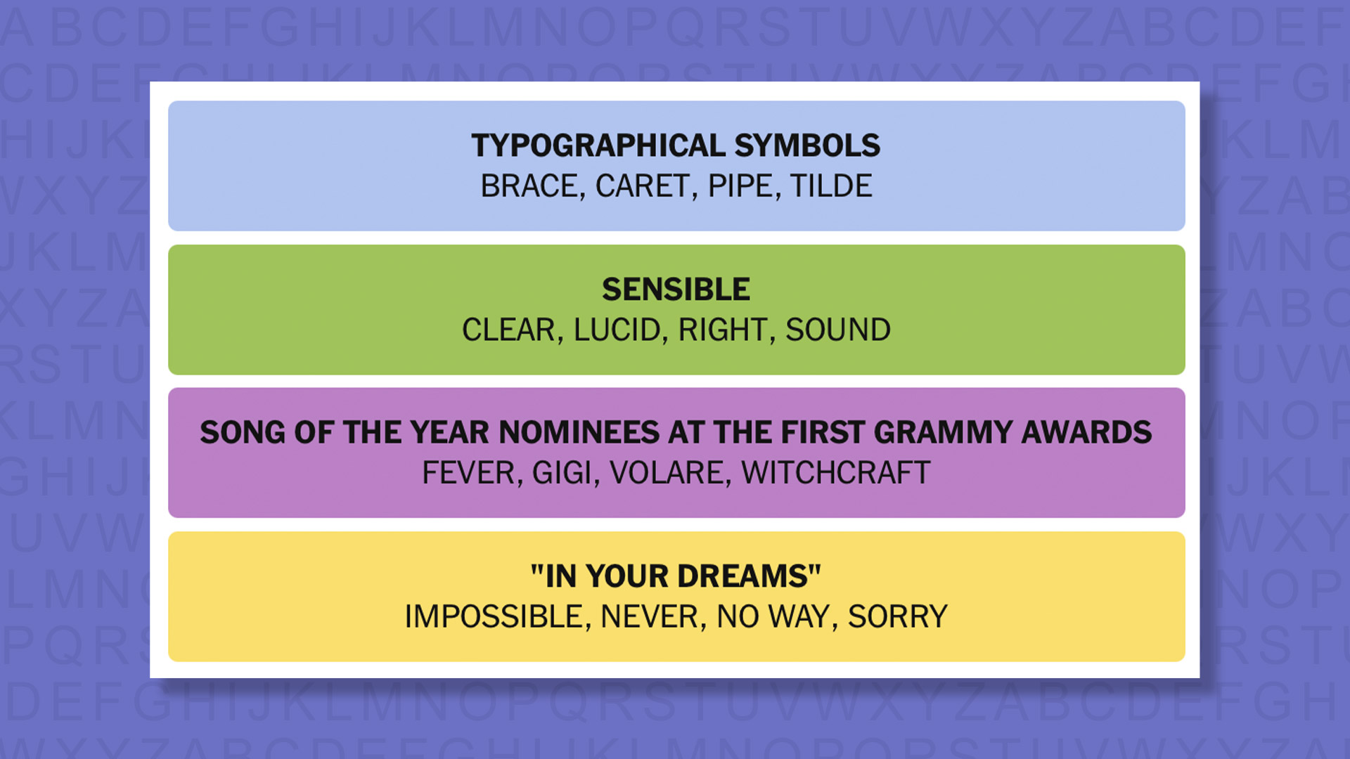 NYT Connections answers for game 1084 on purple background