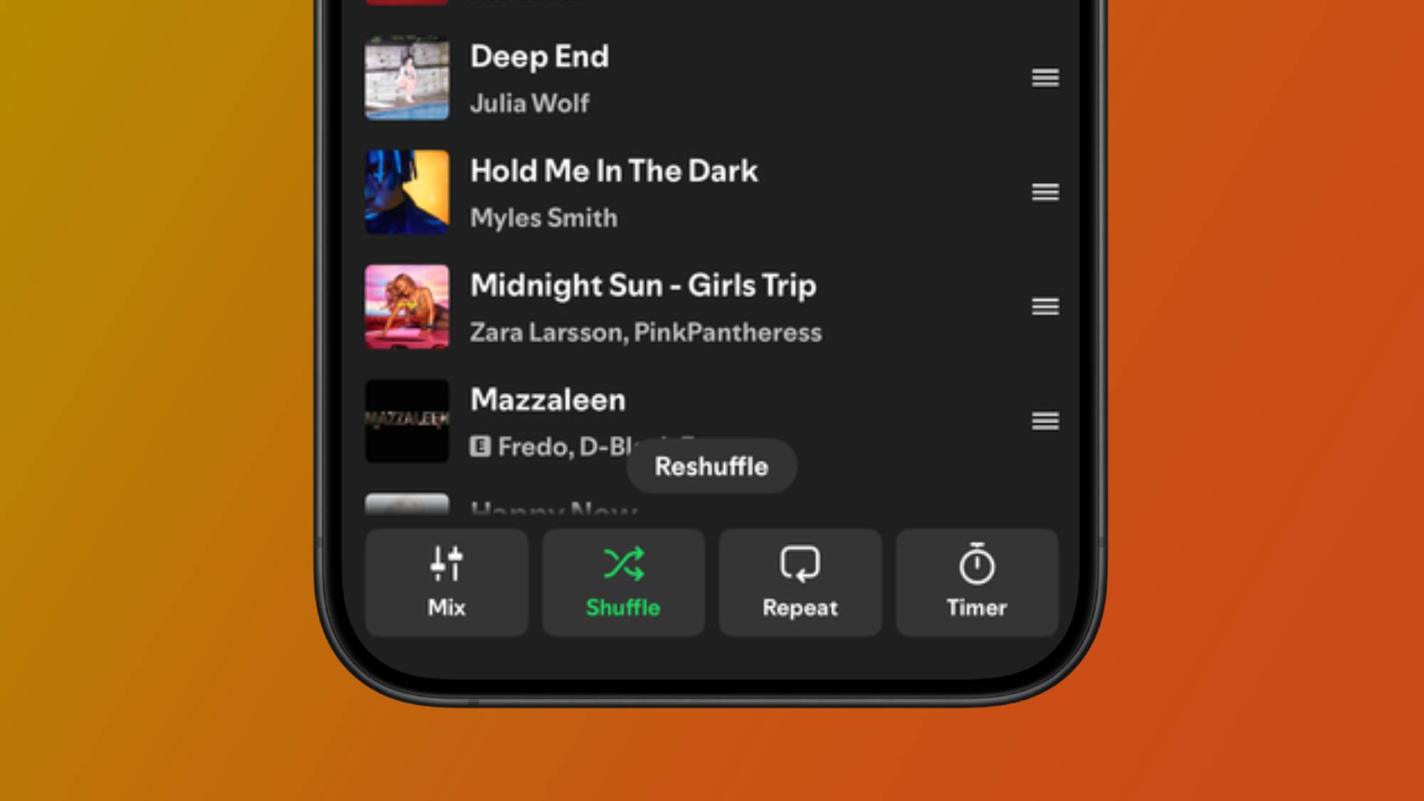 A smartphone showing the shuffle button in a playlist queue in the Spotify app