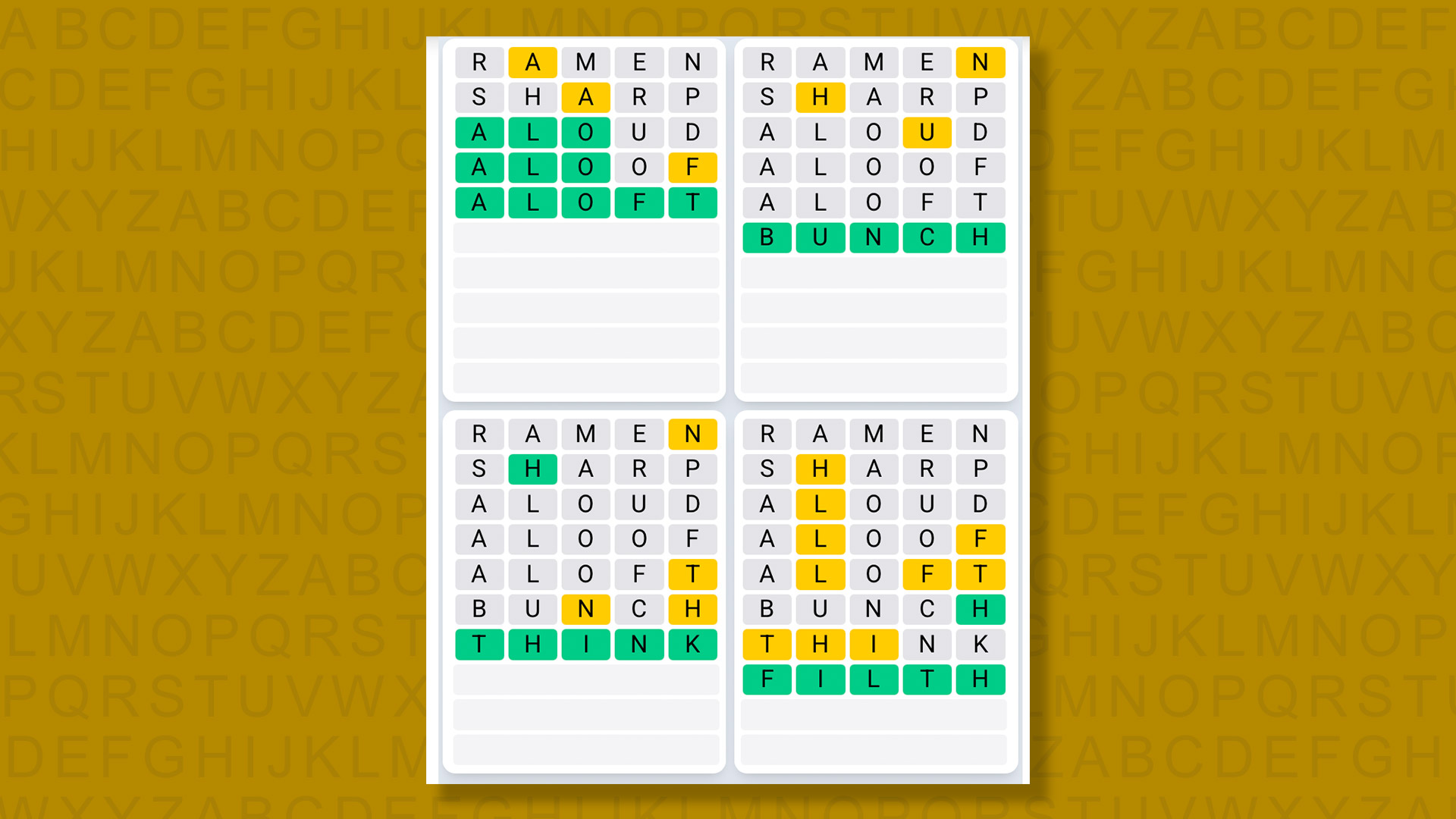 Quordle Daily Sequence answers for the game 1587 on yellow background