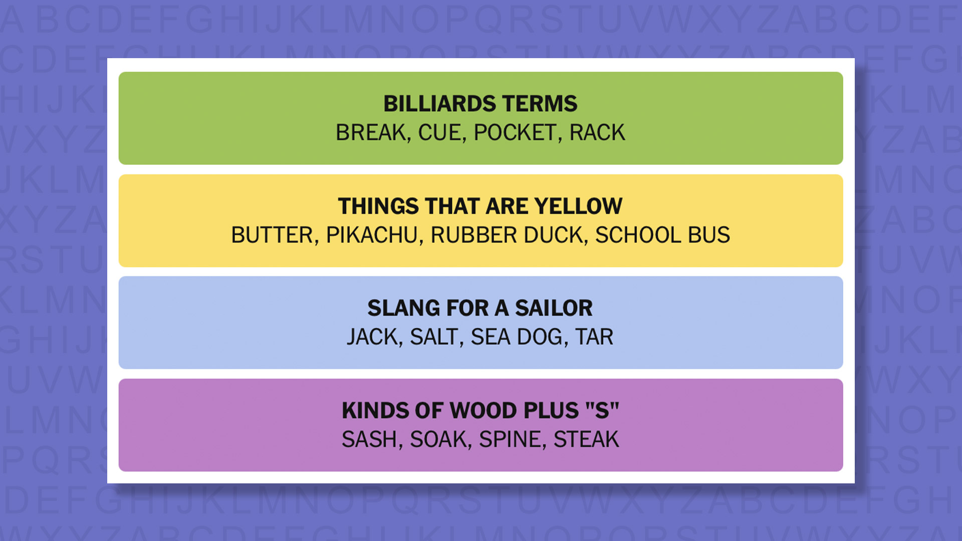 NYT Connections answers for game 1085 on purple background