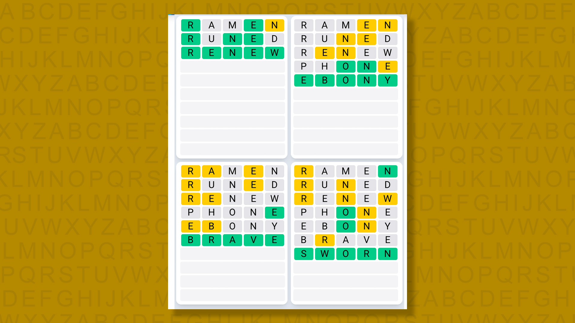 Quordle Daily Sequence answers for the game 1588 on yellow background
