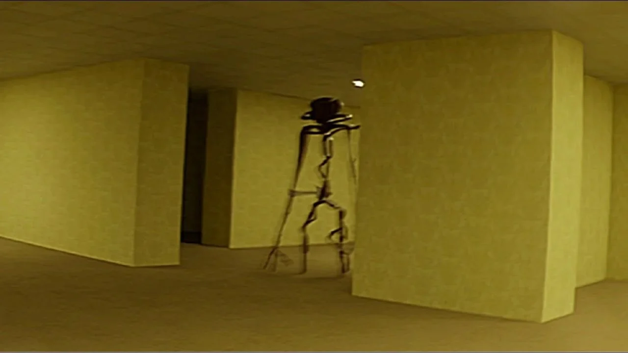 A broken yellow hallway with a strange creature lurking in the distance