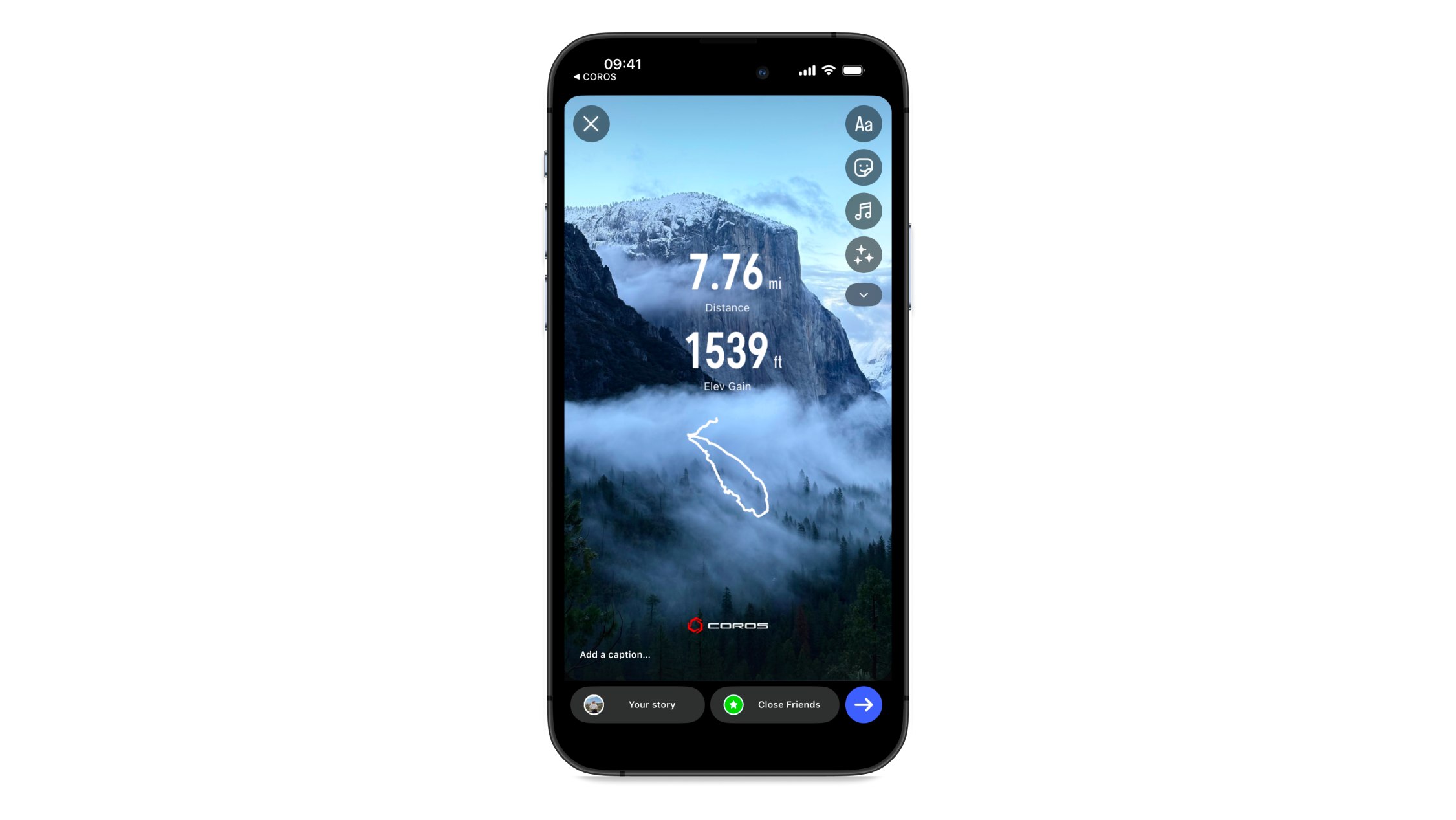 Coros' new personalized photo sharing feature, featuring a mountain with a climbed altitude overlay