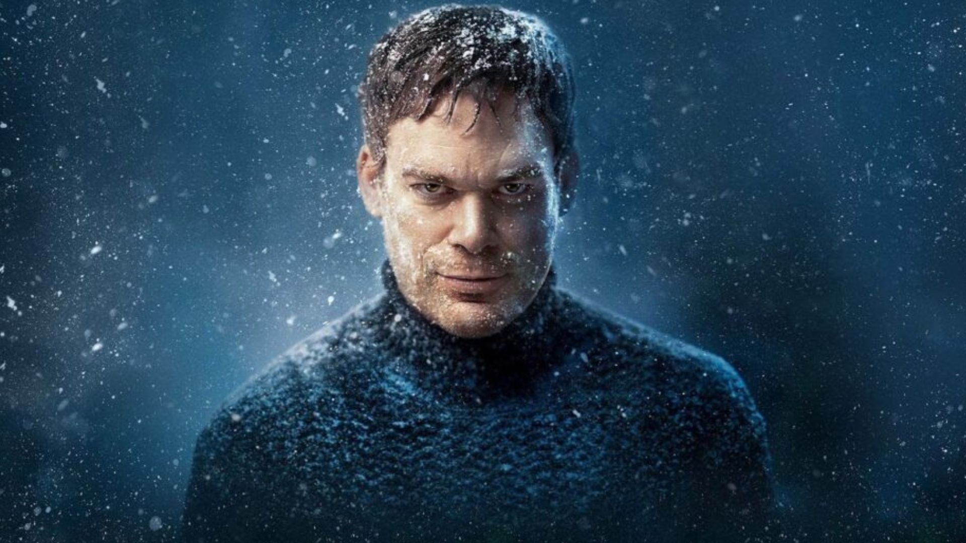 Dexter wears a navy knit turtleneck, starting straight towards the snow-covered goal
