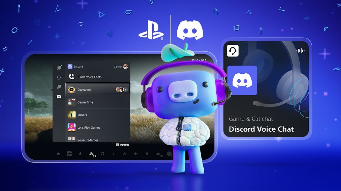 The Discord mascot stood in front of a screenshot of the new PS5 Discord UI.