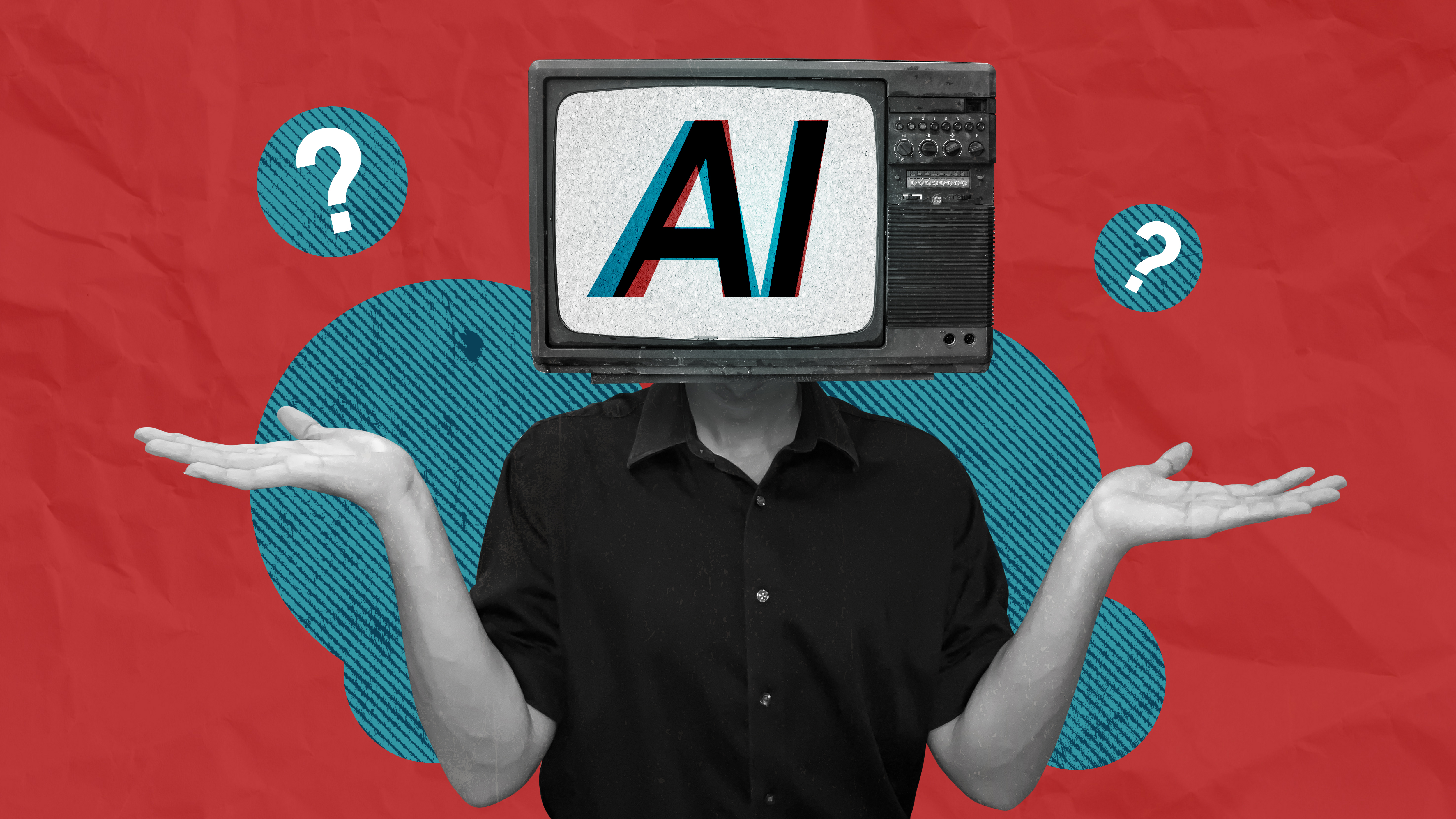 AI is confused in conceptual collage art. Human with TV Head representing artificial intelligence unable to understand the command given.