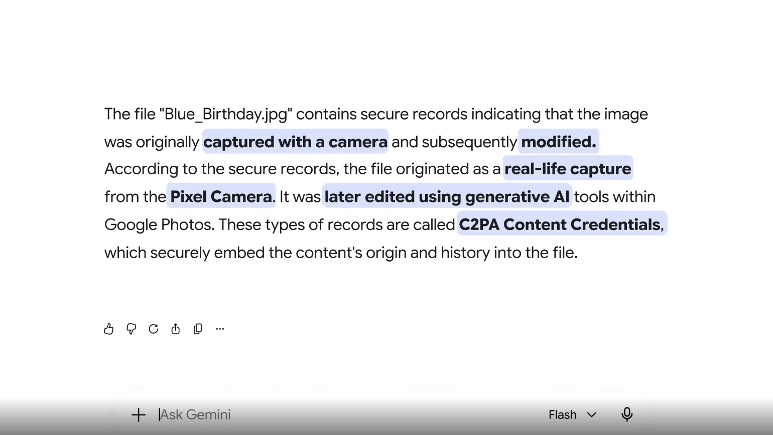 A Gemini reading explaining how an image was altered by AI.
