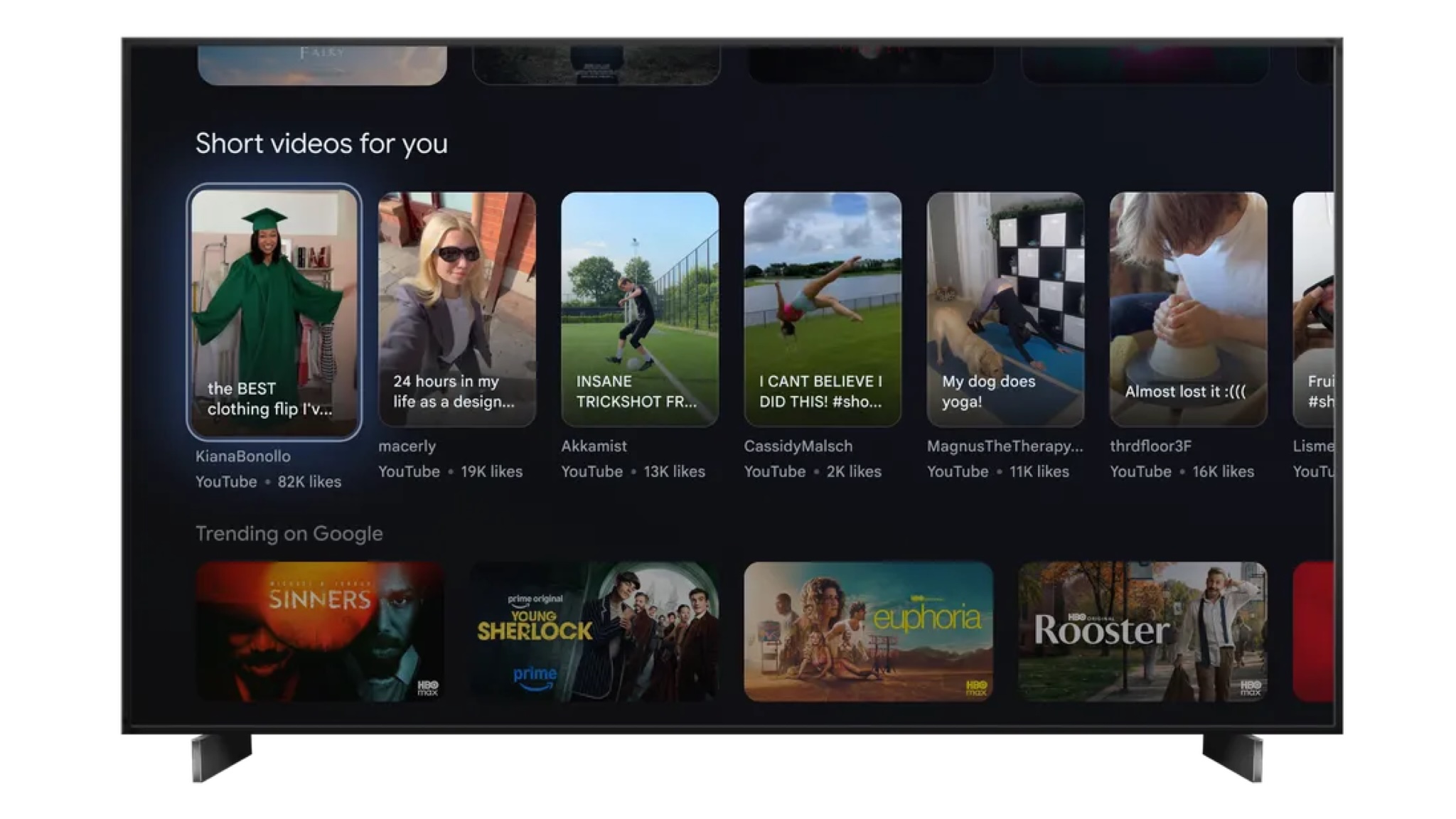 A photograph of the updated Google TV home screen showing short vertical videos
