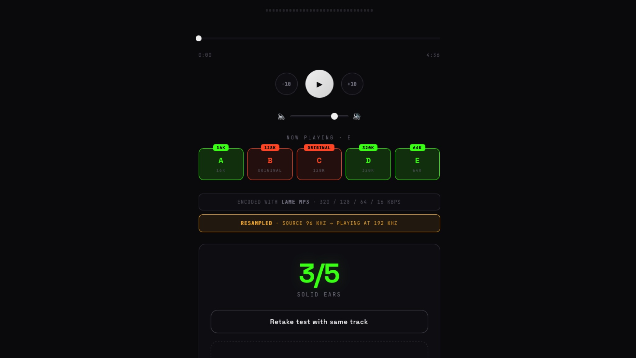 Screenshots of the Flactest page after testing my hearing, showing that I got 3 tests correct out of 5