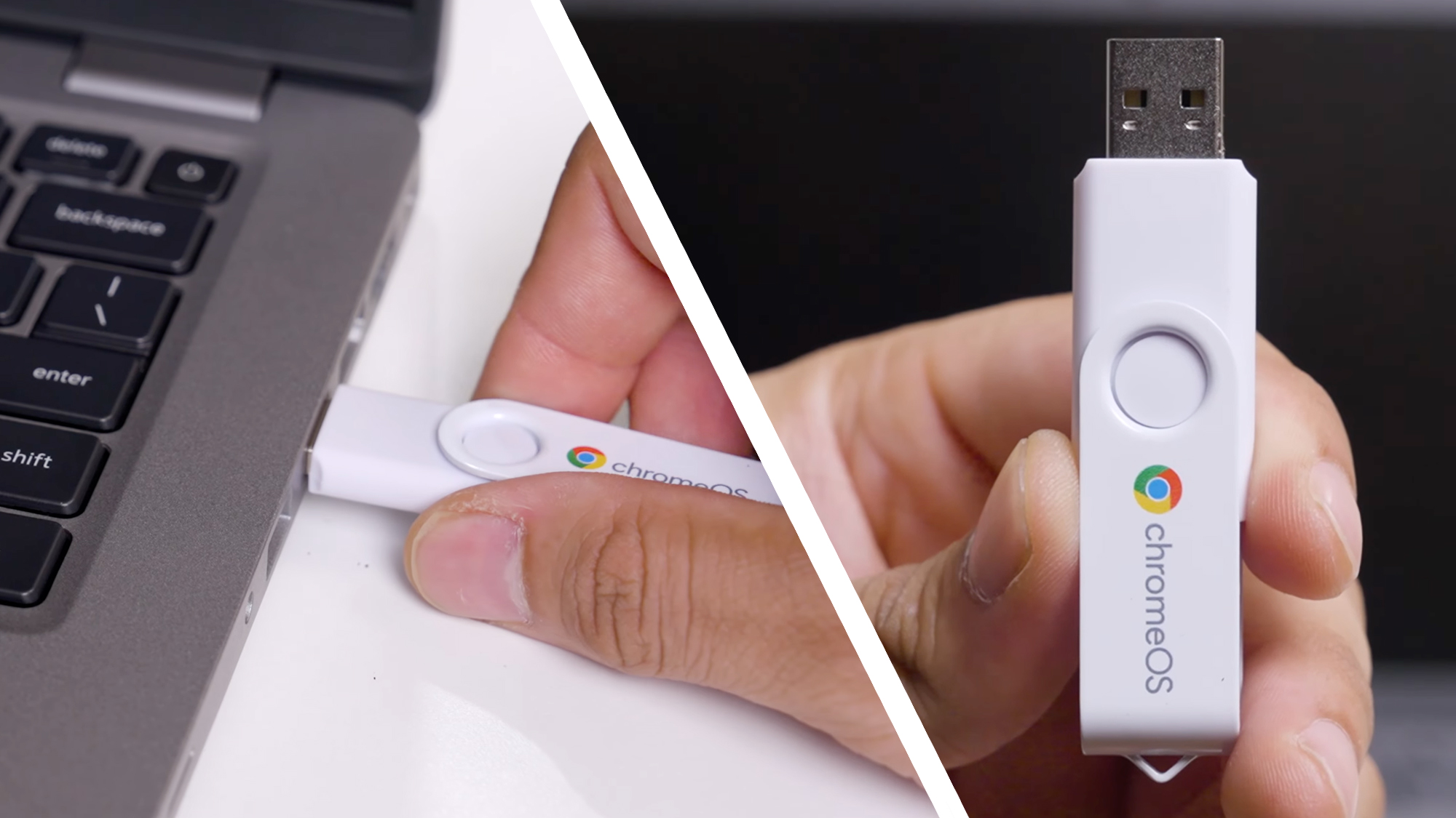 A hand inserting a ChromeOS Flex USB drive into a laptop, next to a hand holding the USB drive