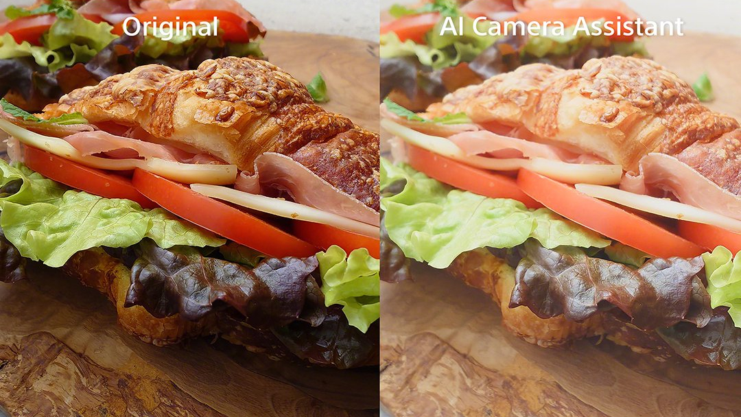 A side-by-side image showing a sandwiched photo and the same AI-enhanced photo