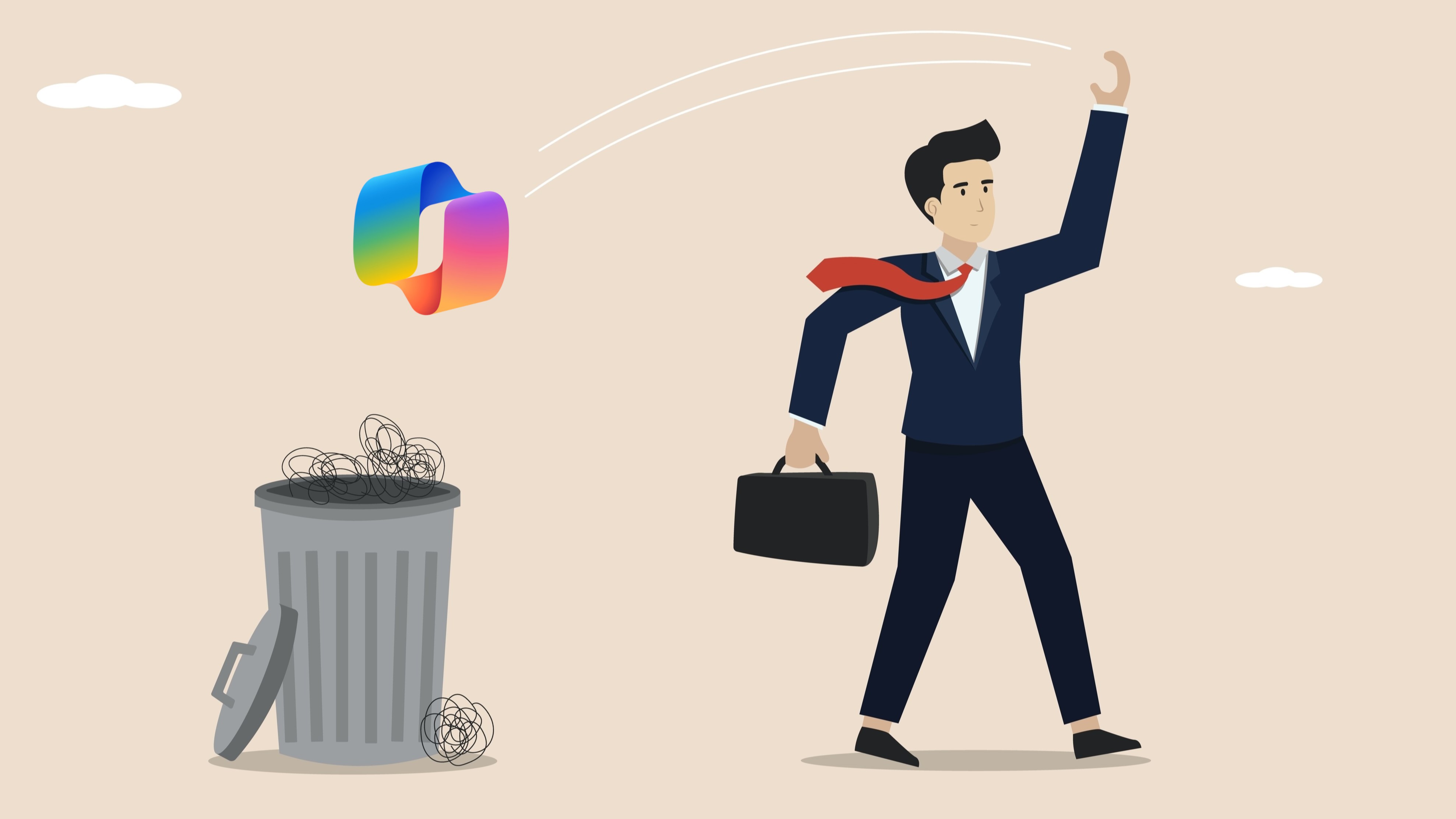 Work representing a businessman throwing the Copilot logo into a trash can.