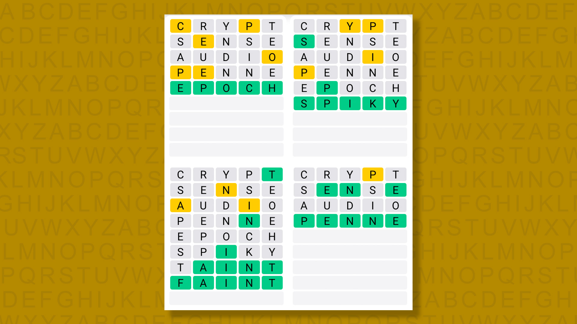 Quordle answers for the game 1572 on a yellow background