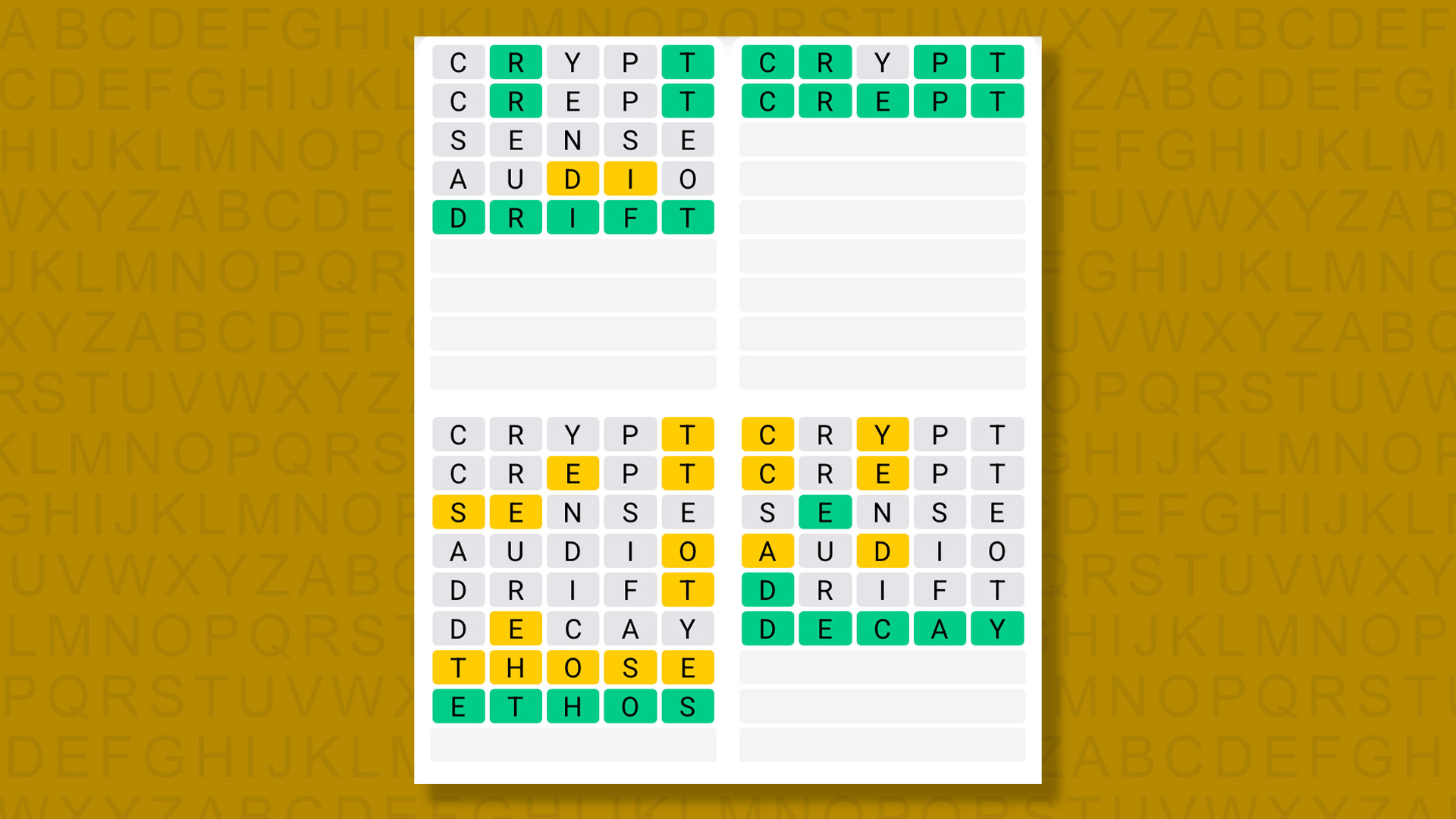 Quordle answers for the game 1586 on a yellow background