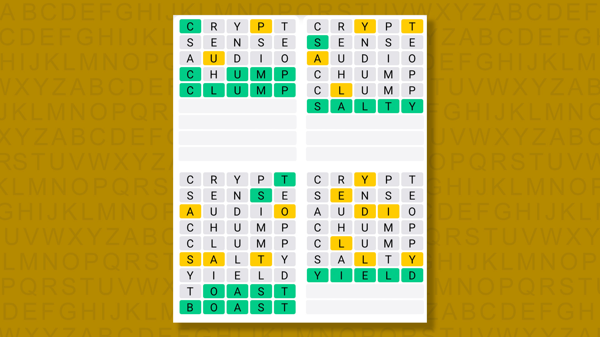 Quordle answers for the game 1568 on a yellow background