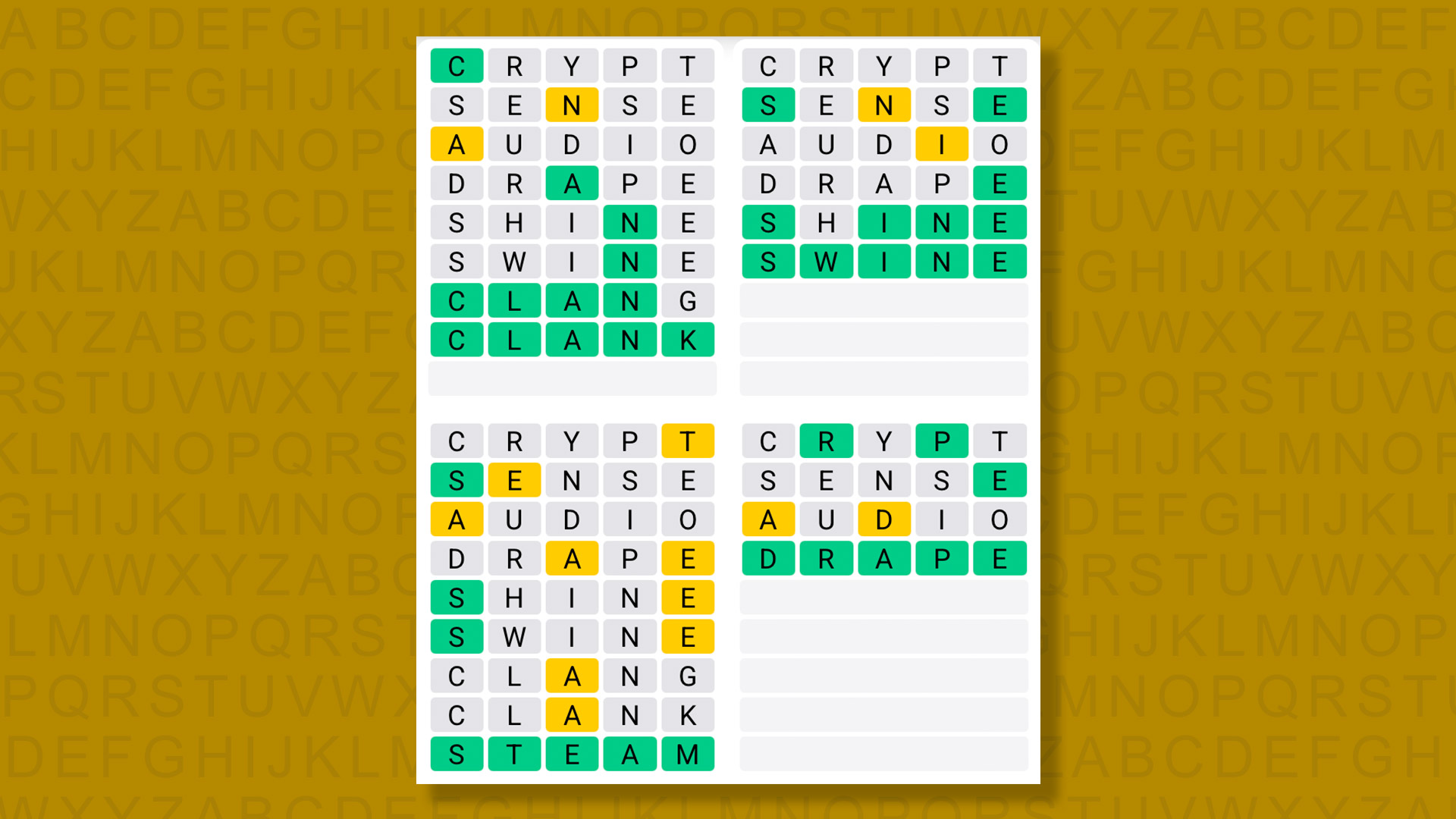 Quordle answers for the game 1575 on a yellow background