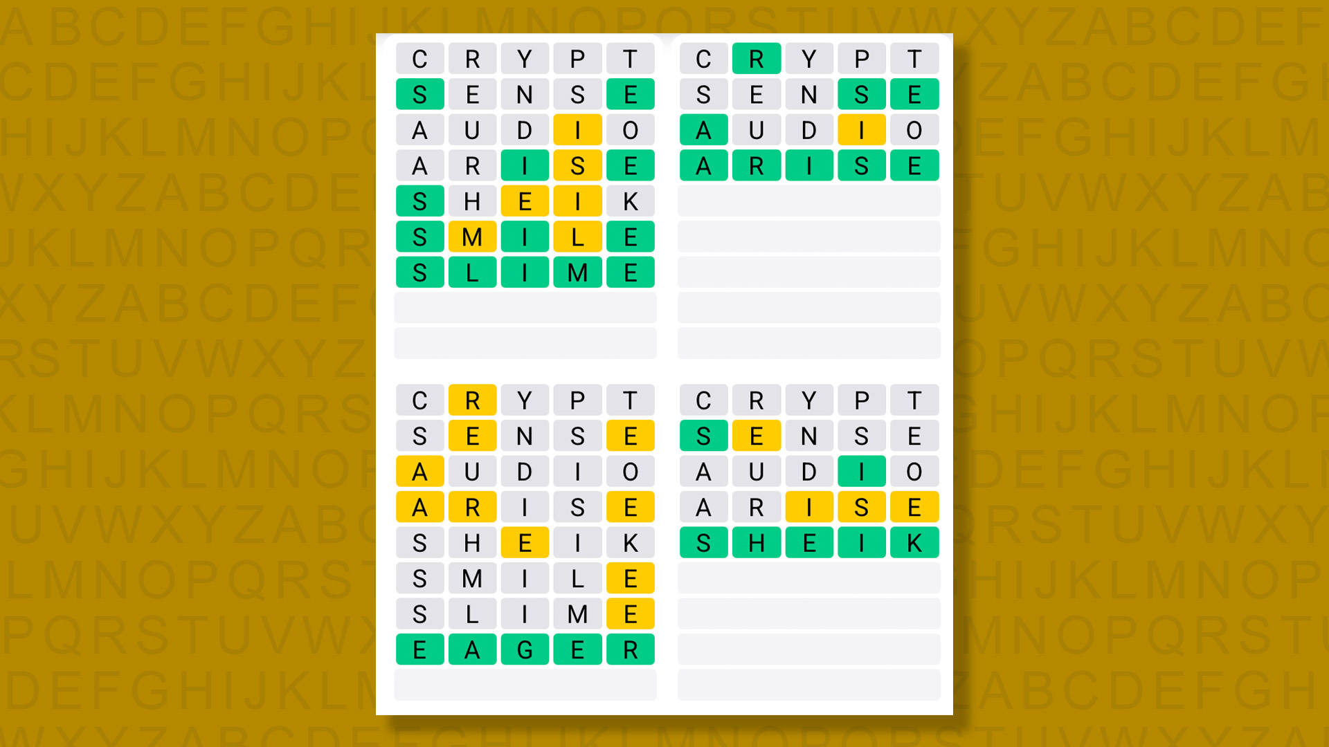 Quordle answers for the game 1582 on a yellow background