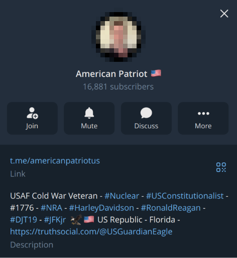 A screenshot of the “American Patriot” Telegram channel profile.