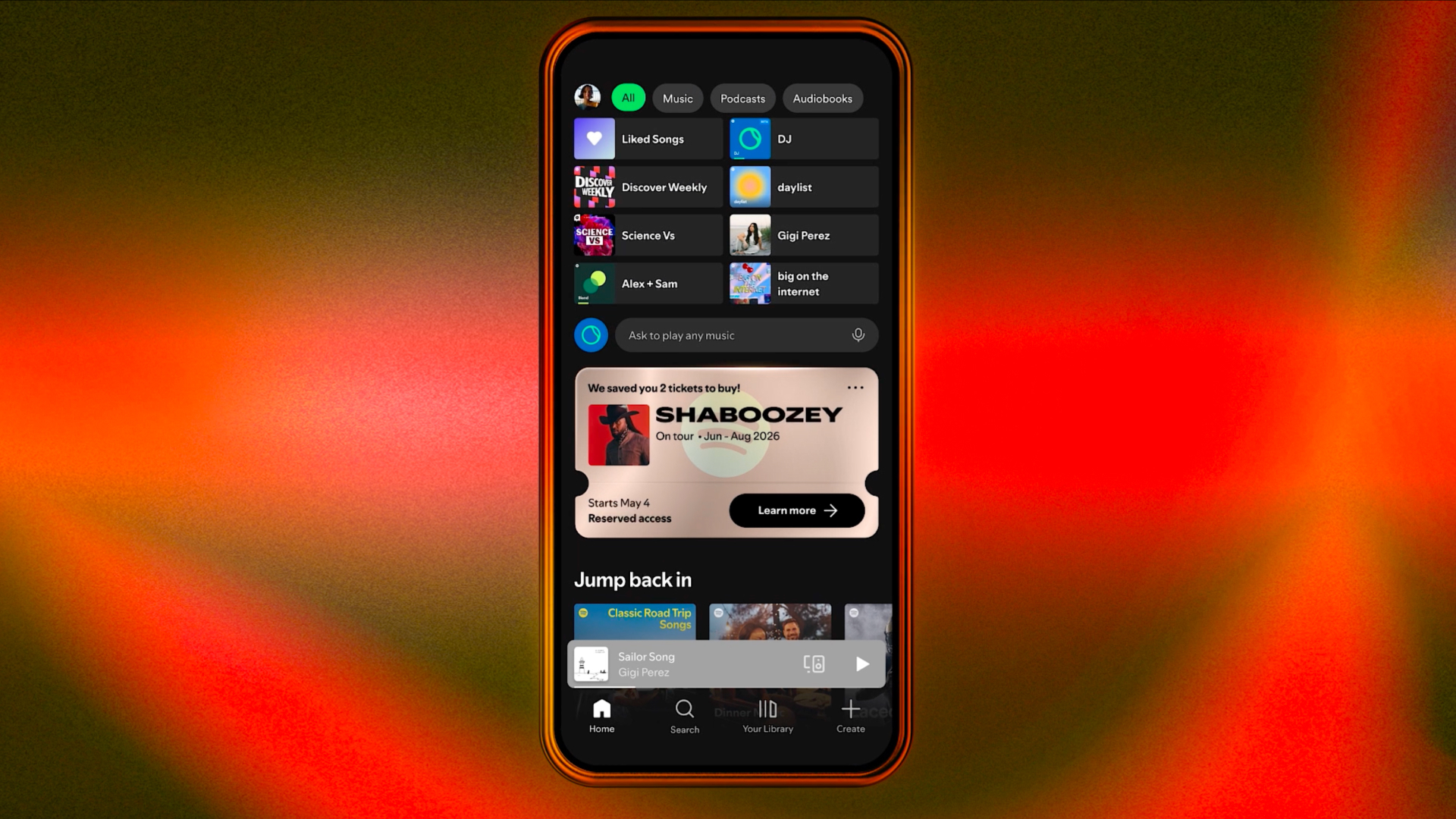 A smartphone displaying the Spotify homepage with a pop-up displaying reserved concert tickets