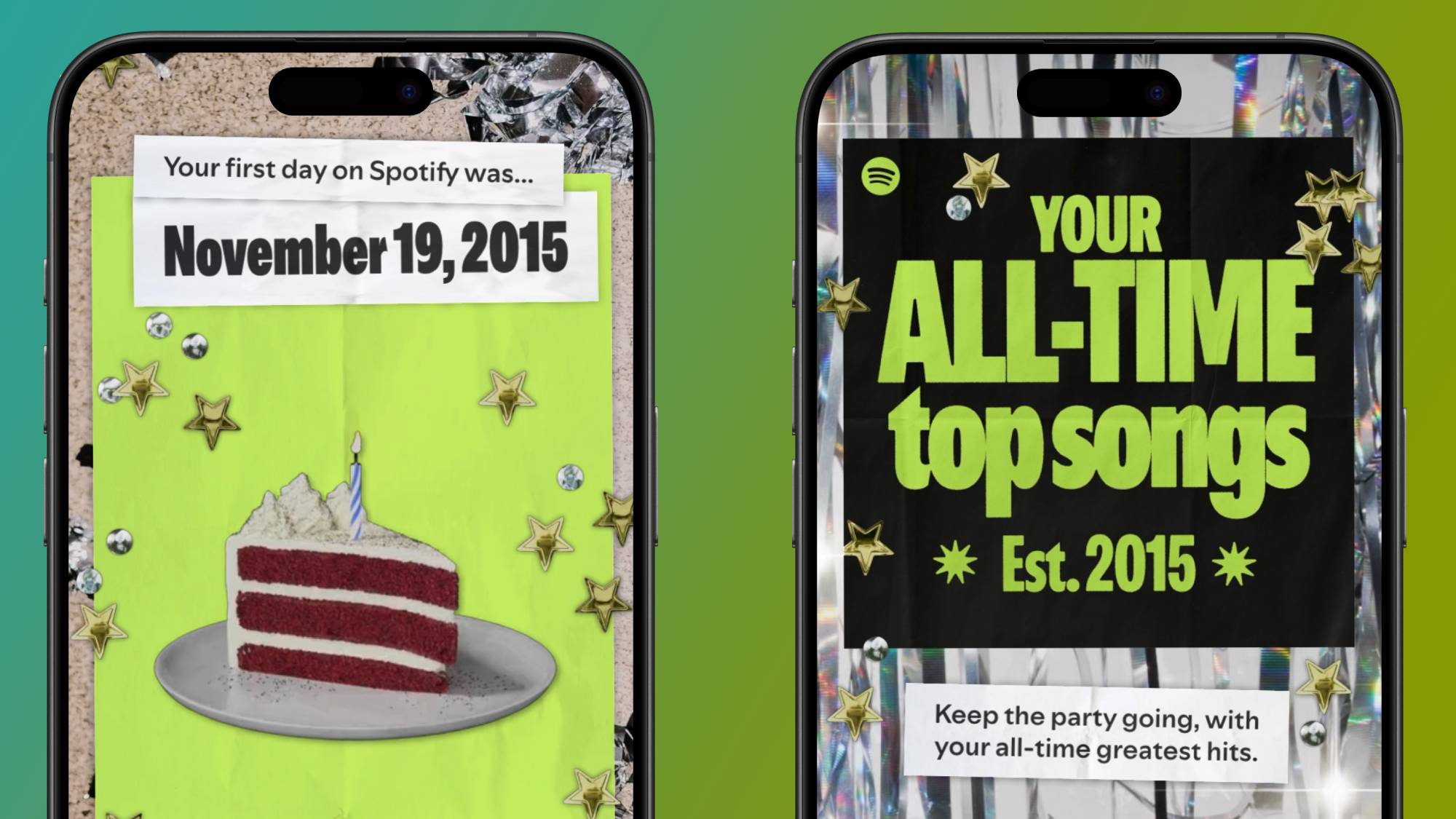 Two smartphones showing visual cars from Spotify's new Party of the Year(s) experience