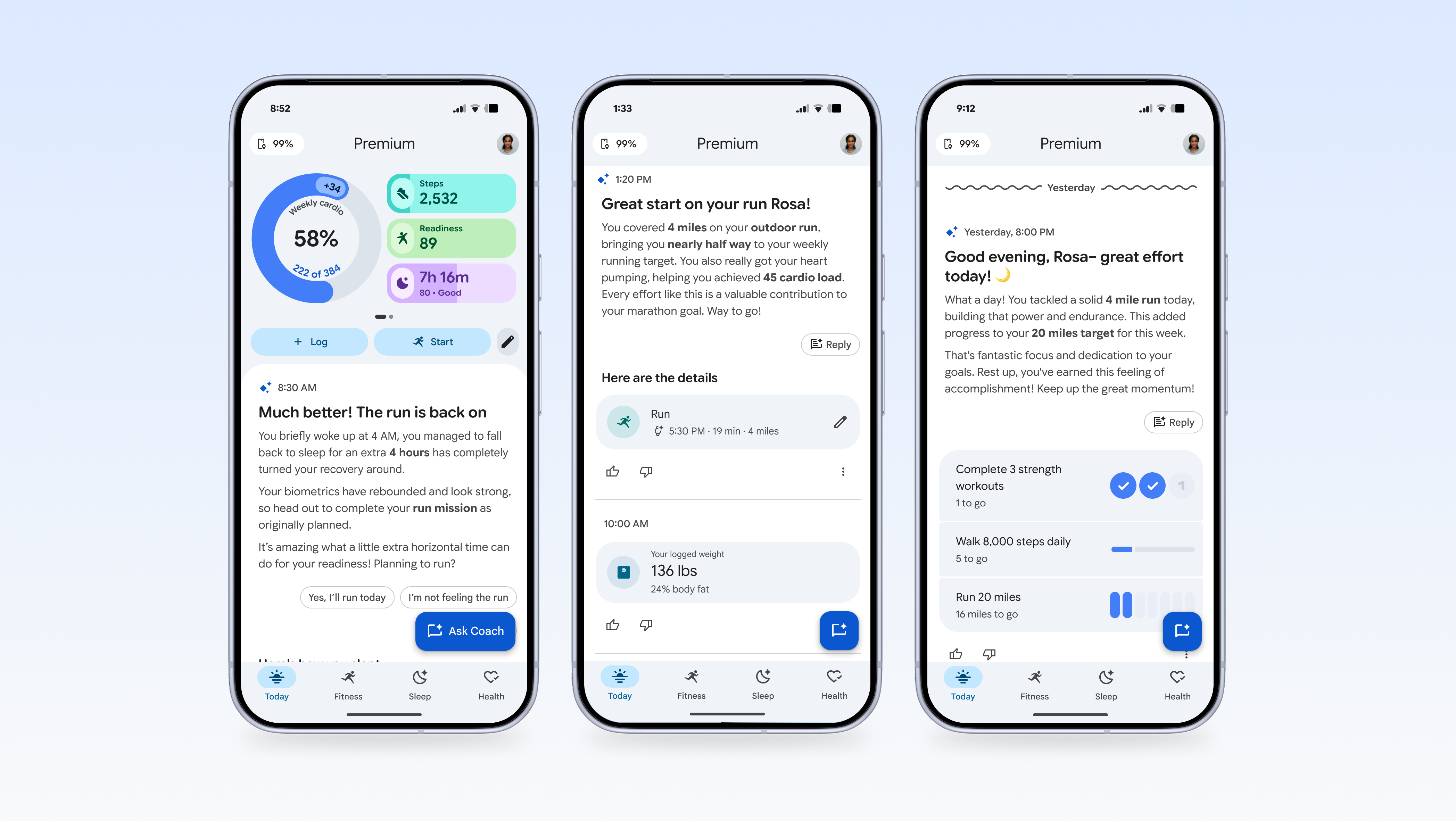 Screenshots of interaction with Google Health Coach