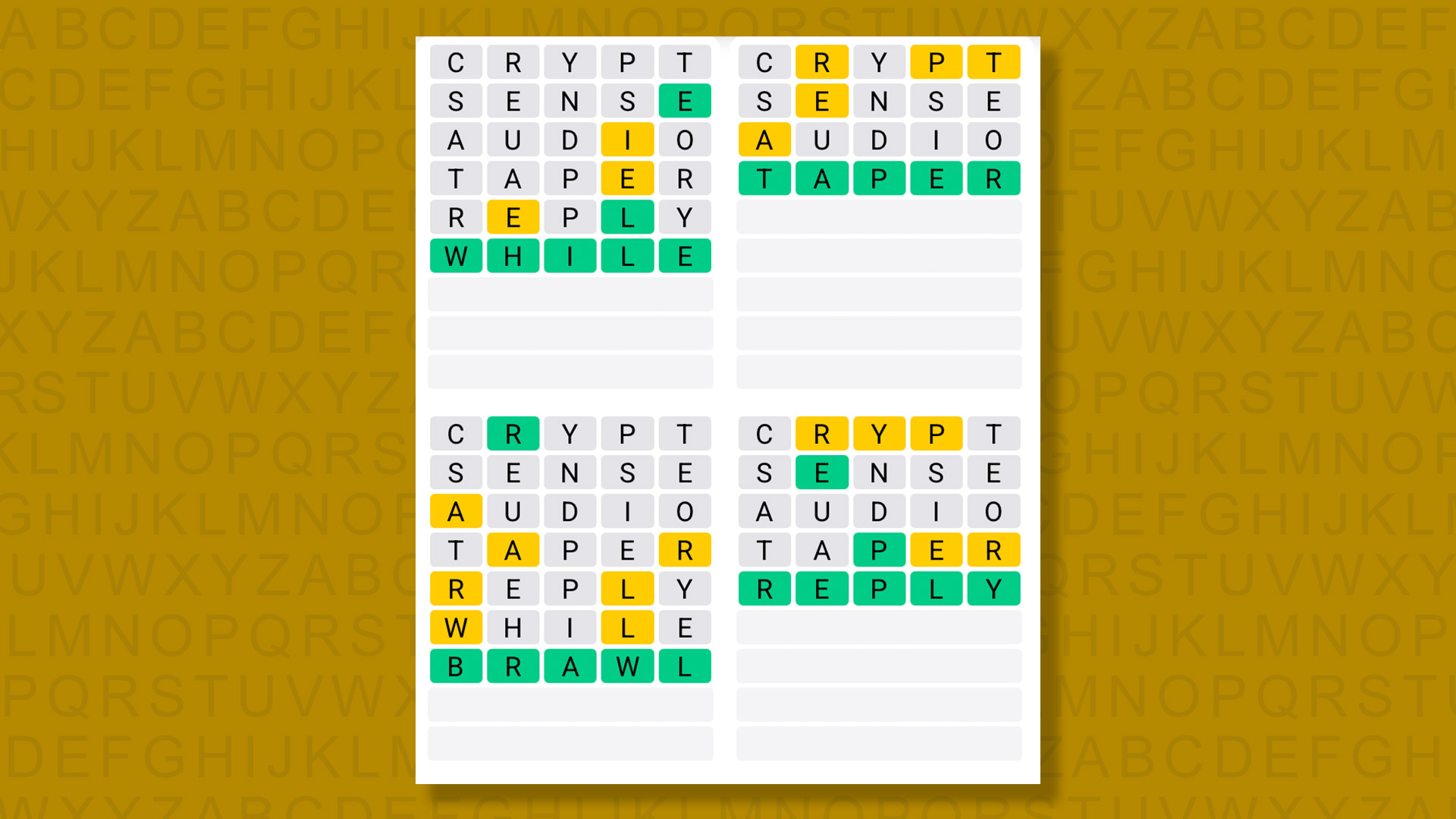 Quordle answers for the game 1587 on a yellow background