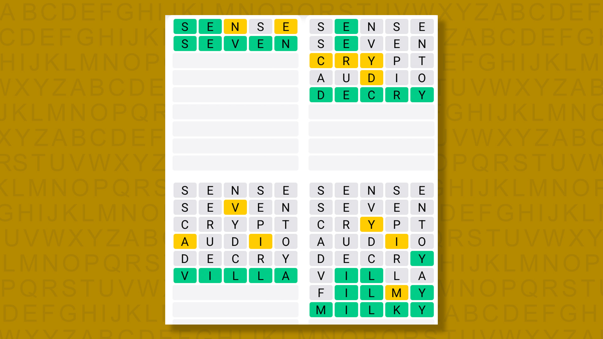 Quordle answers for the game 1571 on a yellow background
