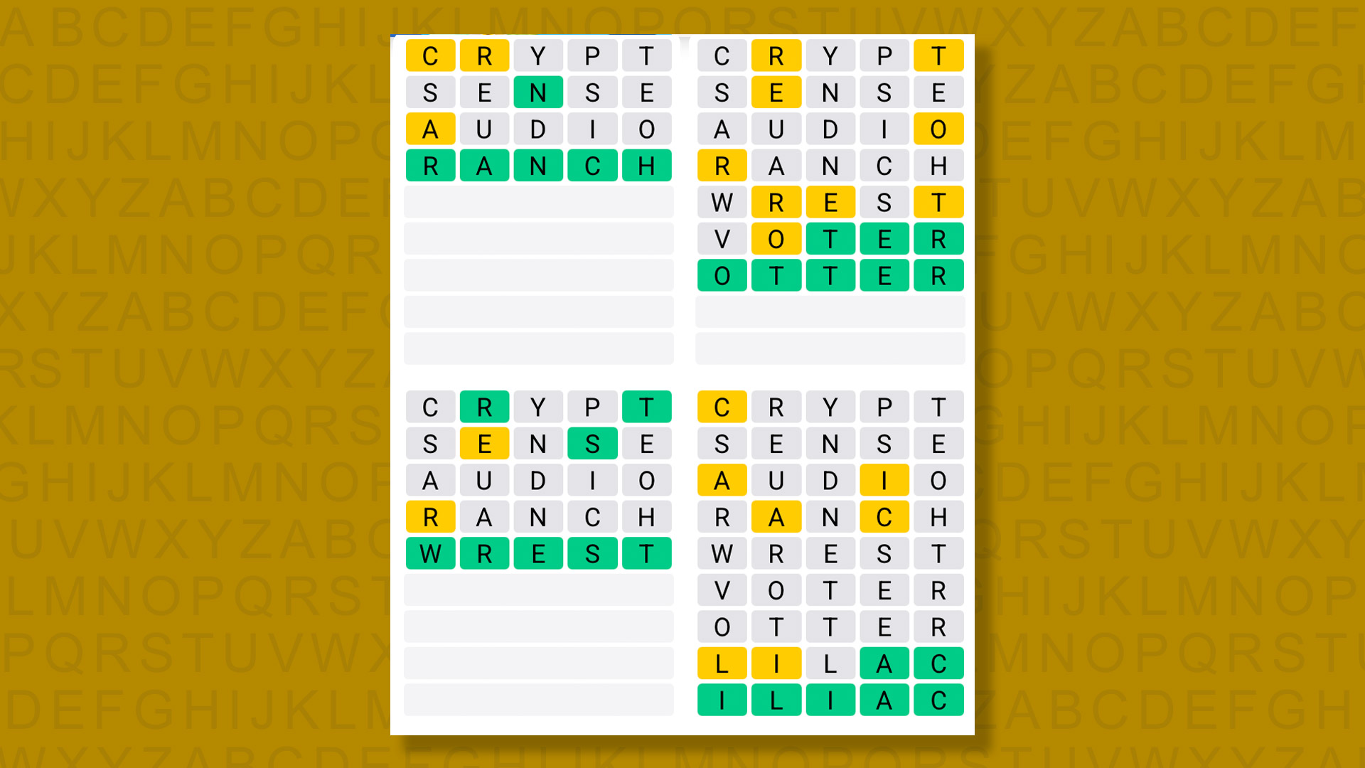 Quordle answers for the game 1578 on a yellow background