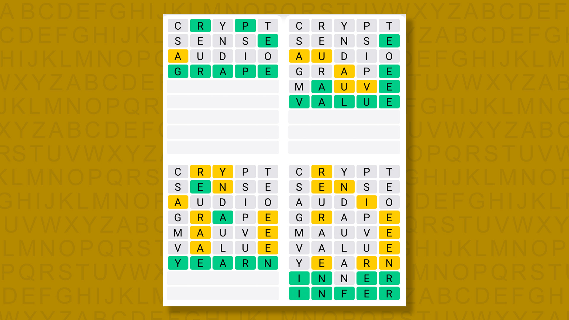 Quordle answers for the game 1585 on a yellow background