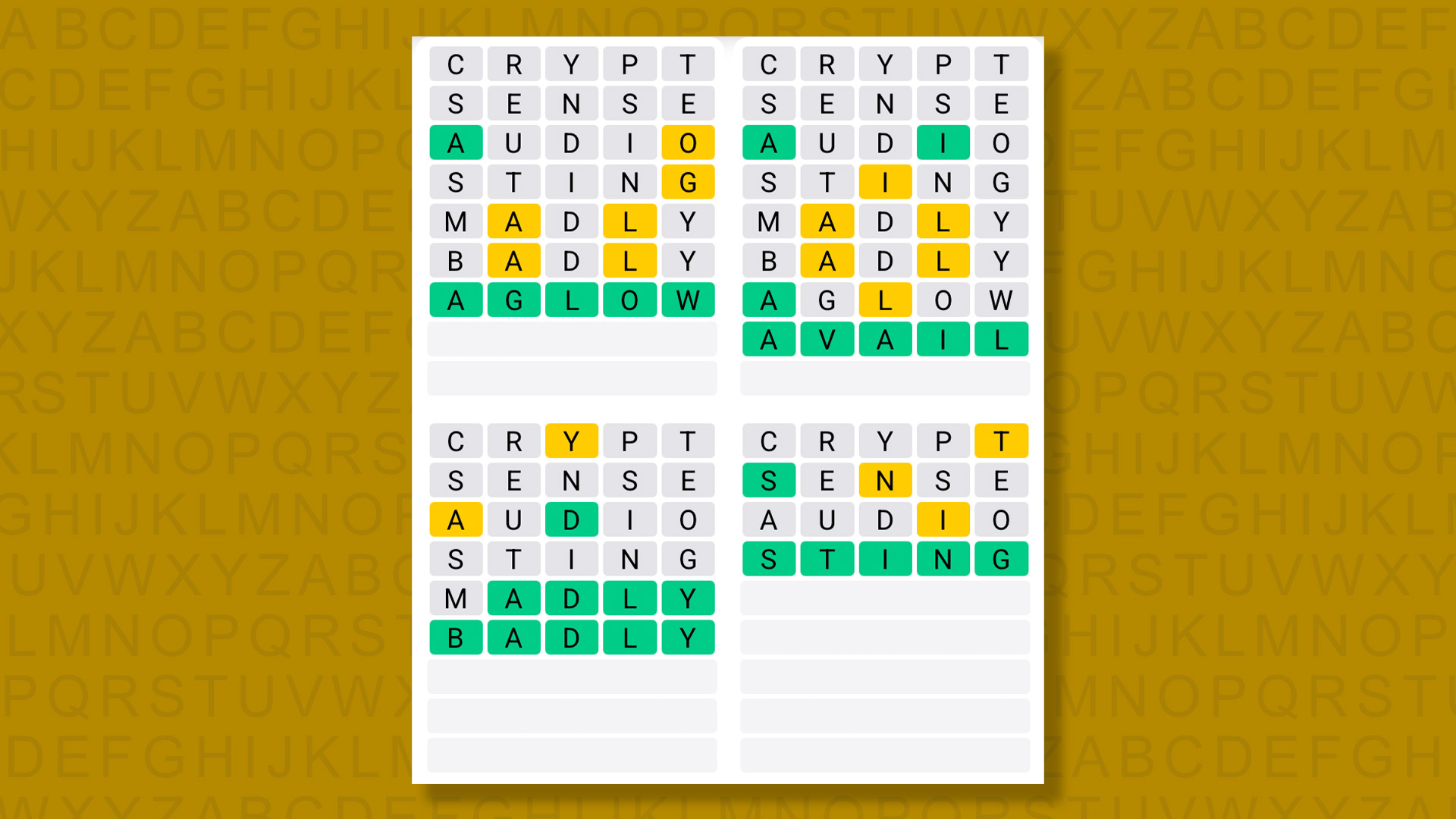 Quordle answers for the game 1569 on a yellow background