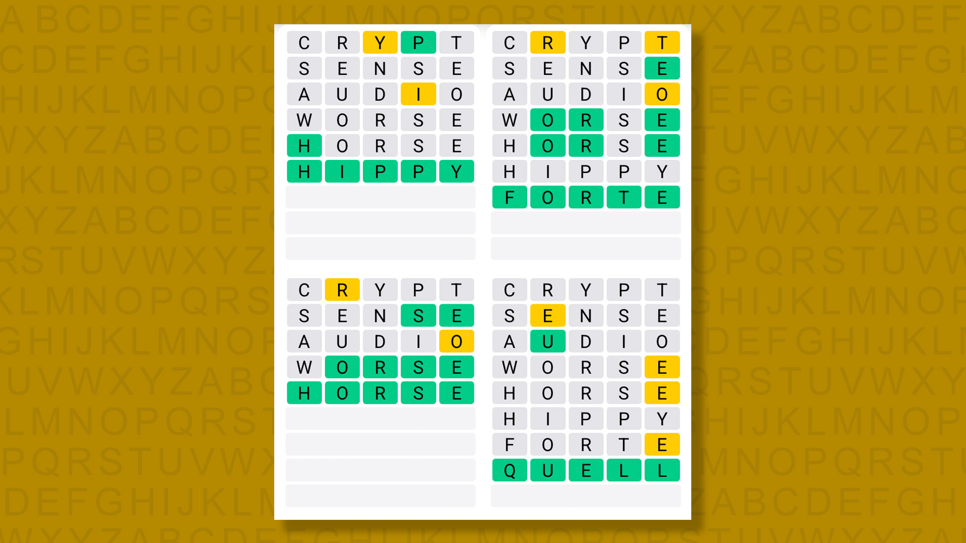 Quordle answers for the game 1576 on a yellow background