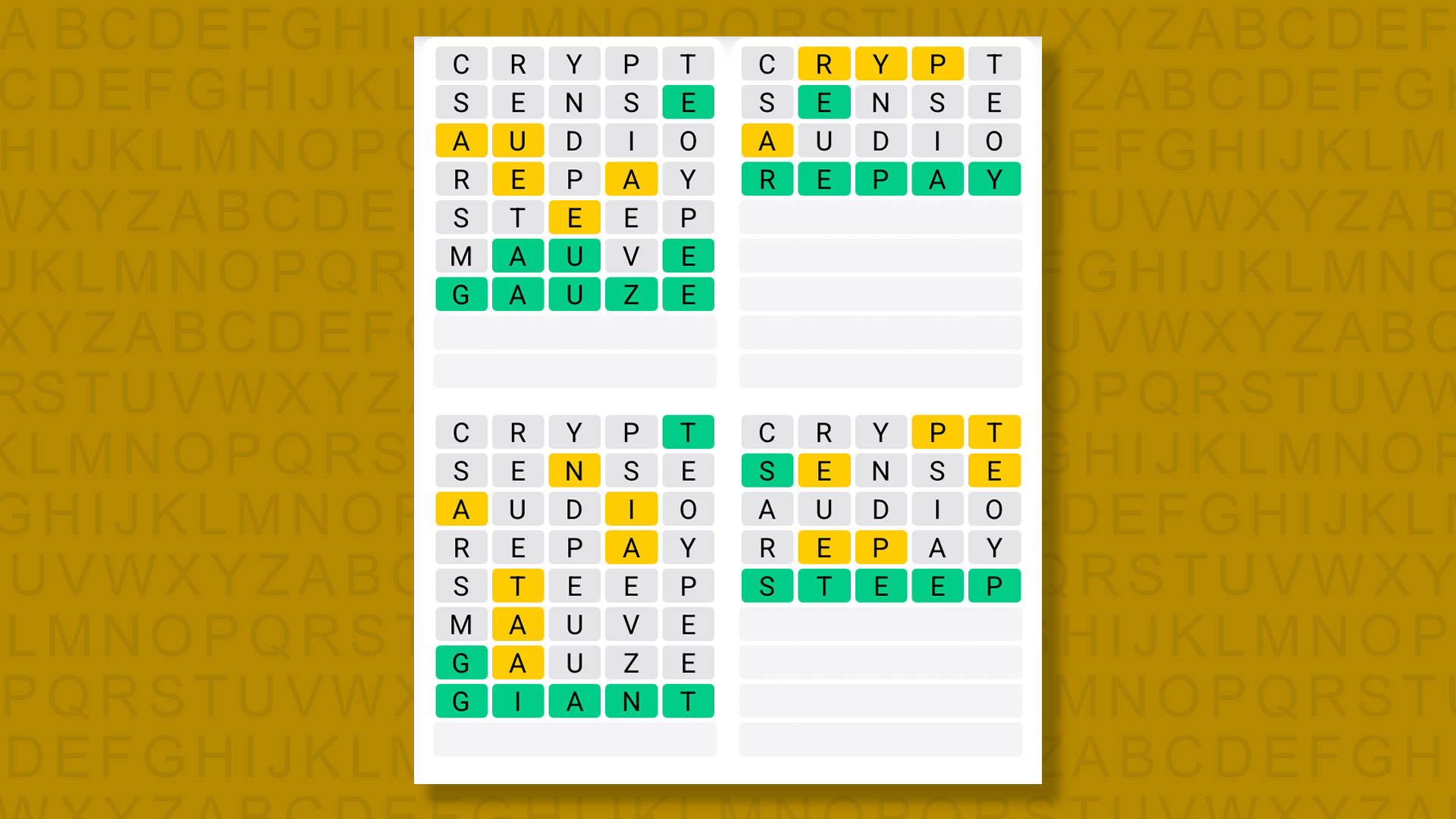 Quordle answers for the game 1584 on a yellow background