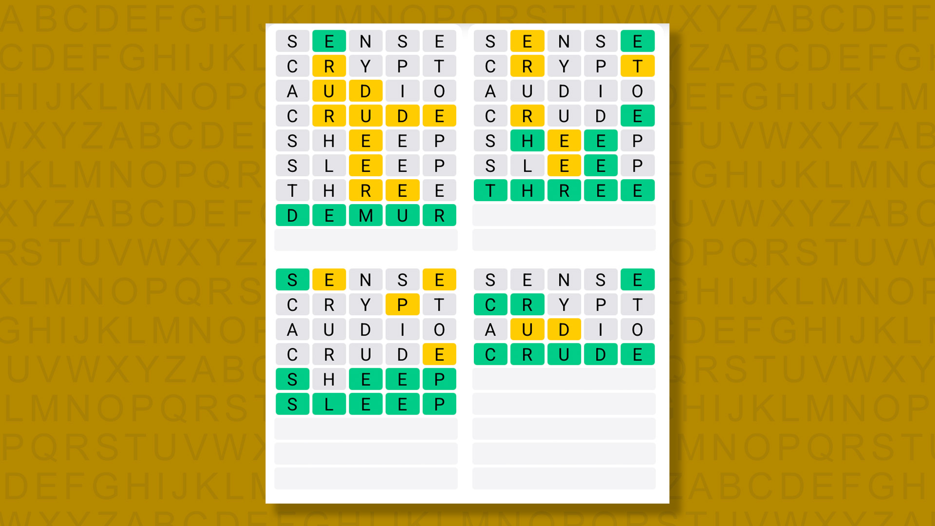 Quordle answers for the game 1573 on a yellow background
