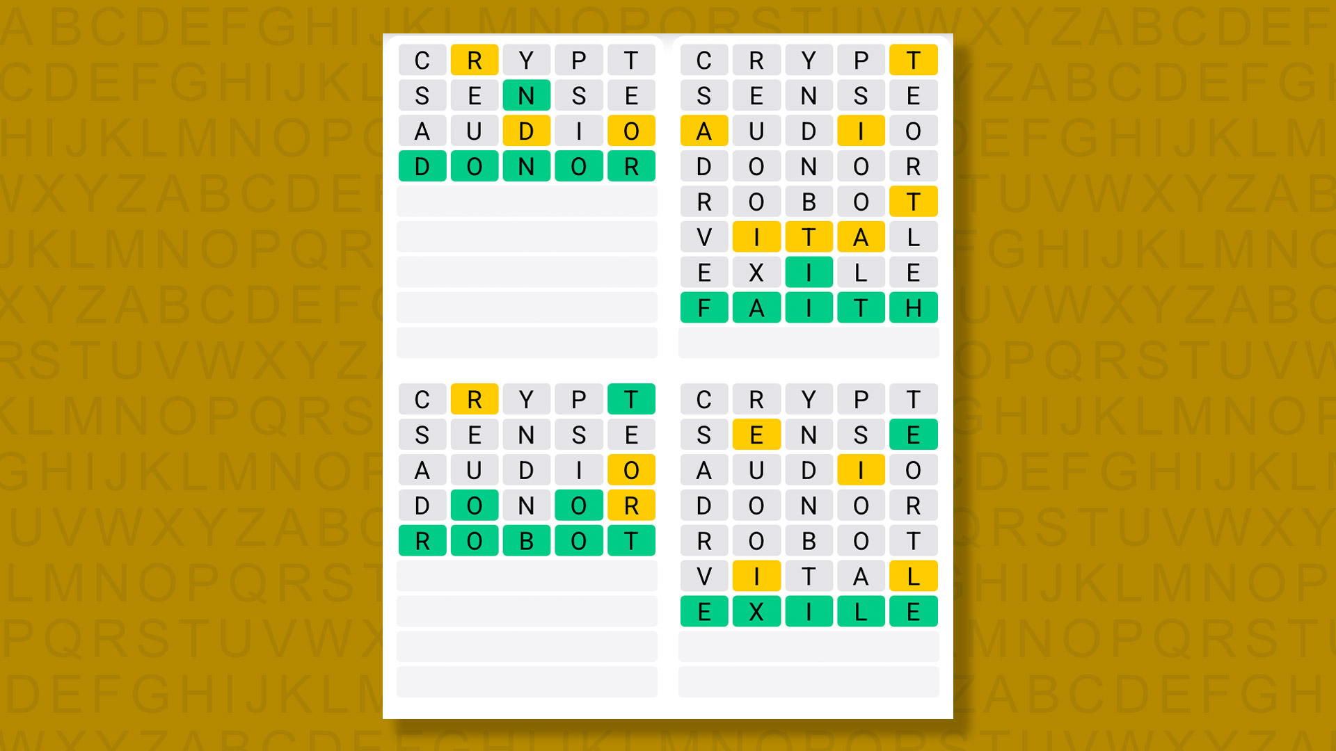 Quordle answers for the game 1567 on a yellow background