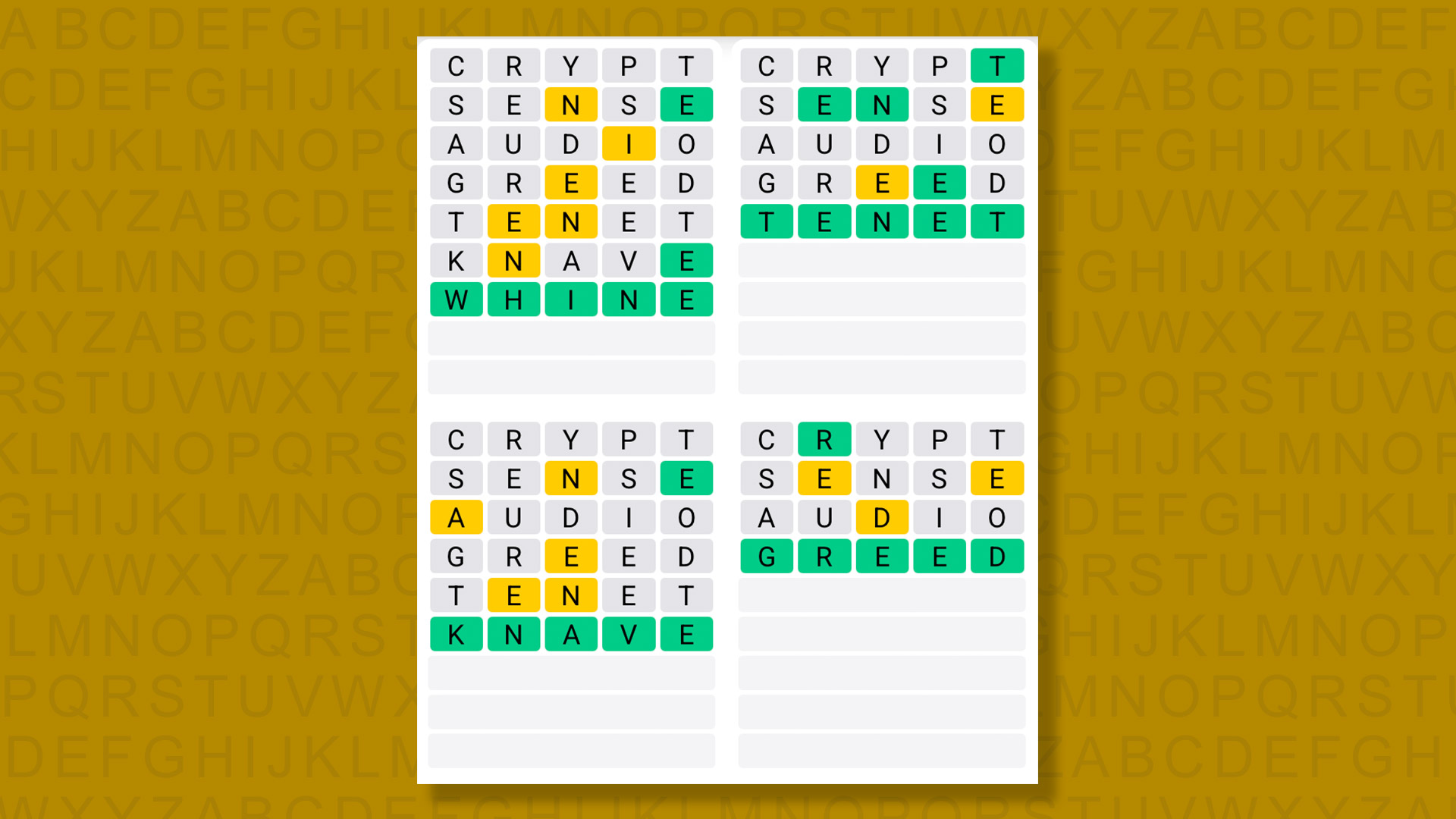 Quordle answers for the game 1574 on a yellow background