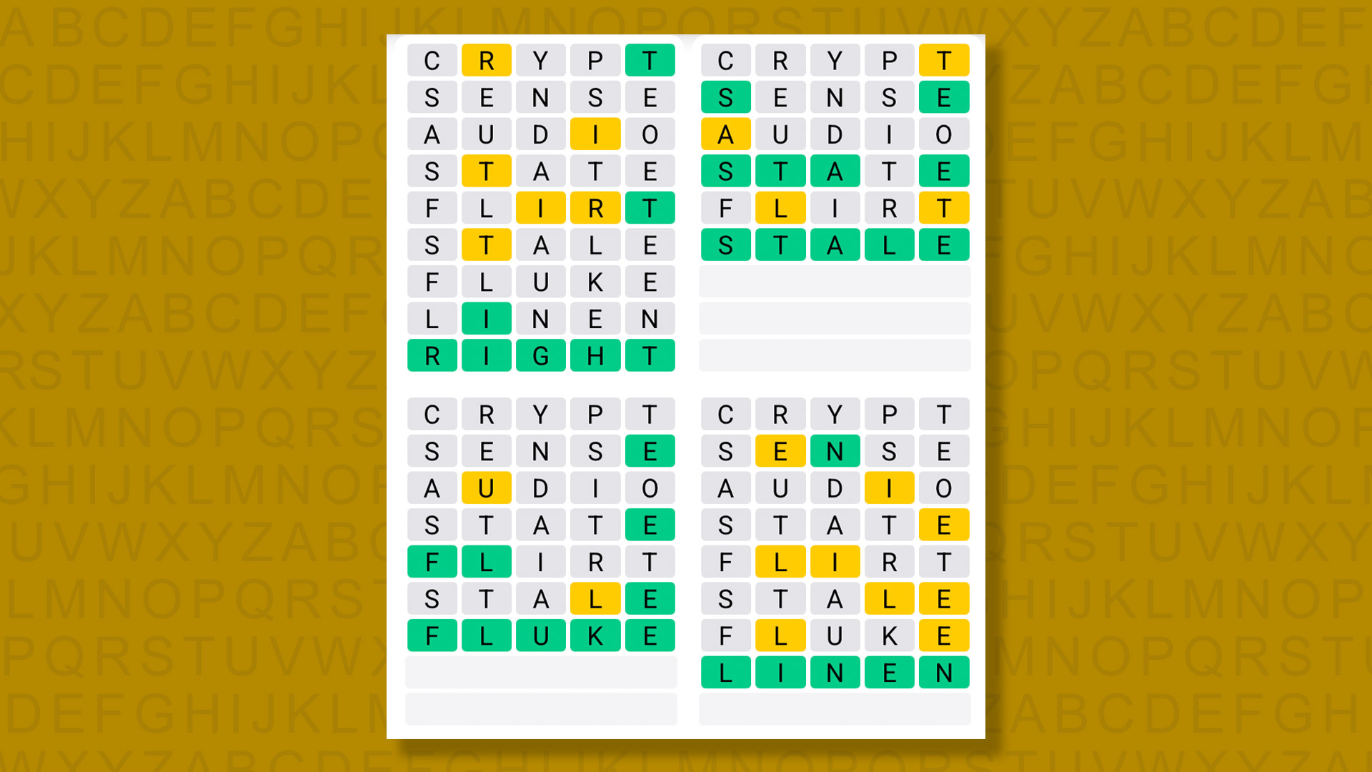 Quordle answers for the game 1581 on a yellow background
