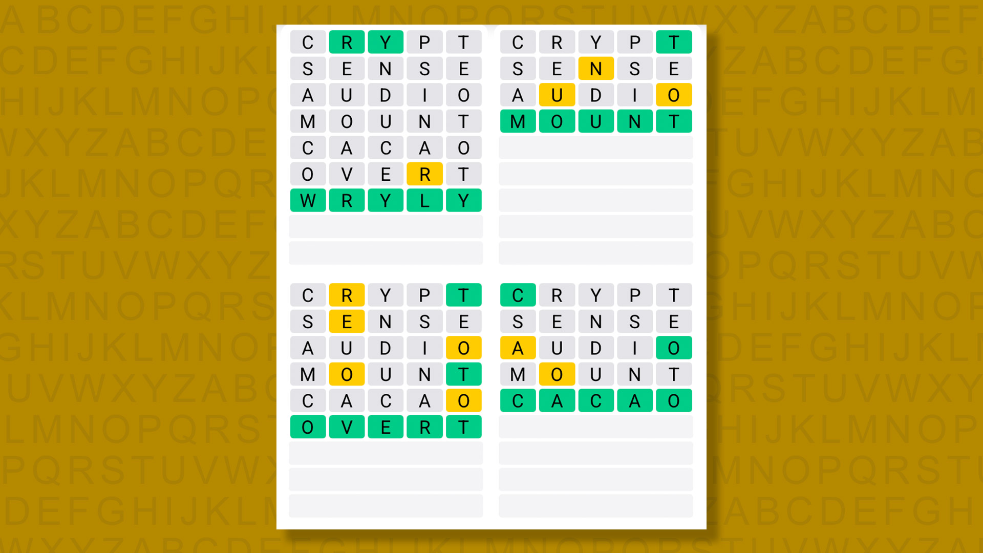 Quordle answers for the game 1588 on a yellow background