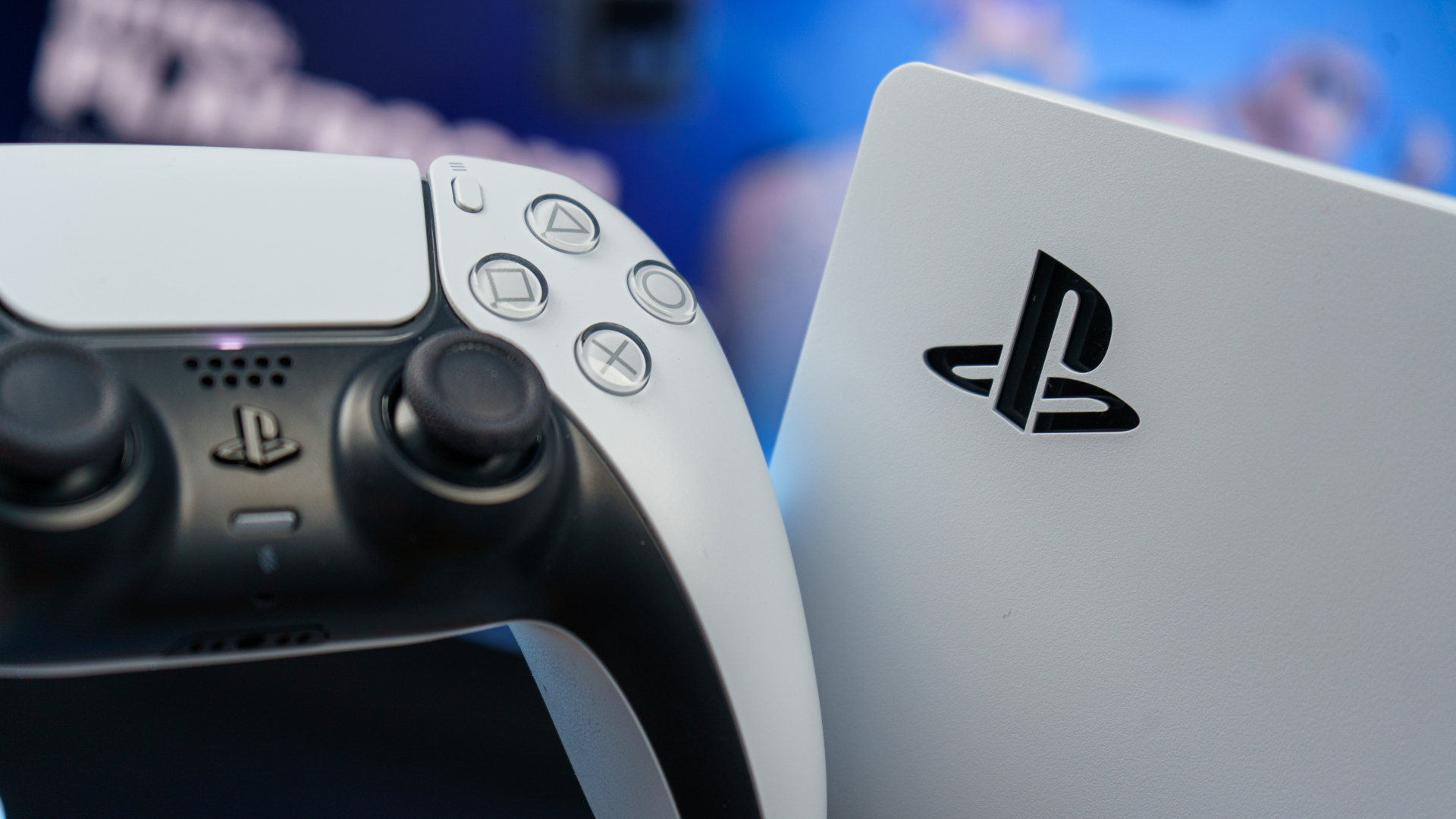 Close-up on the PS5 console and DualSense controller