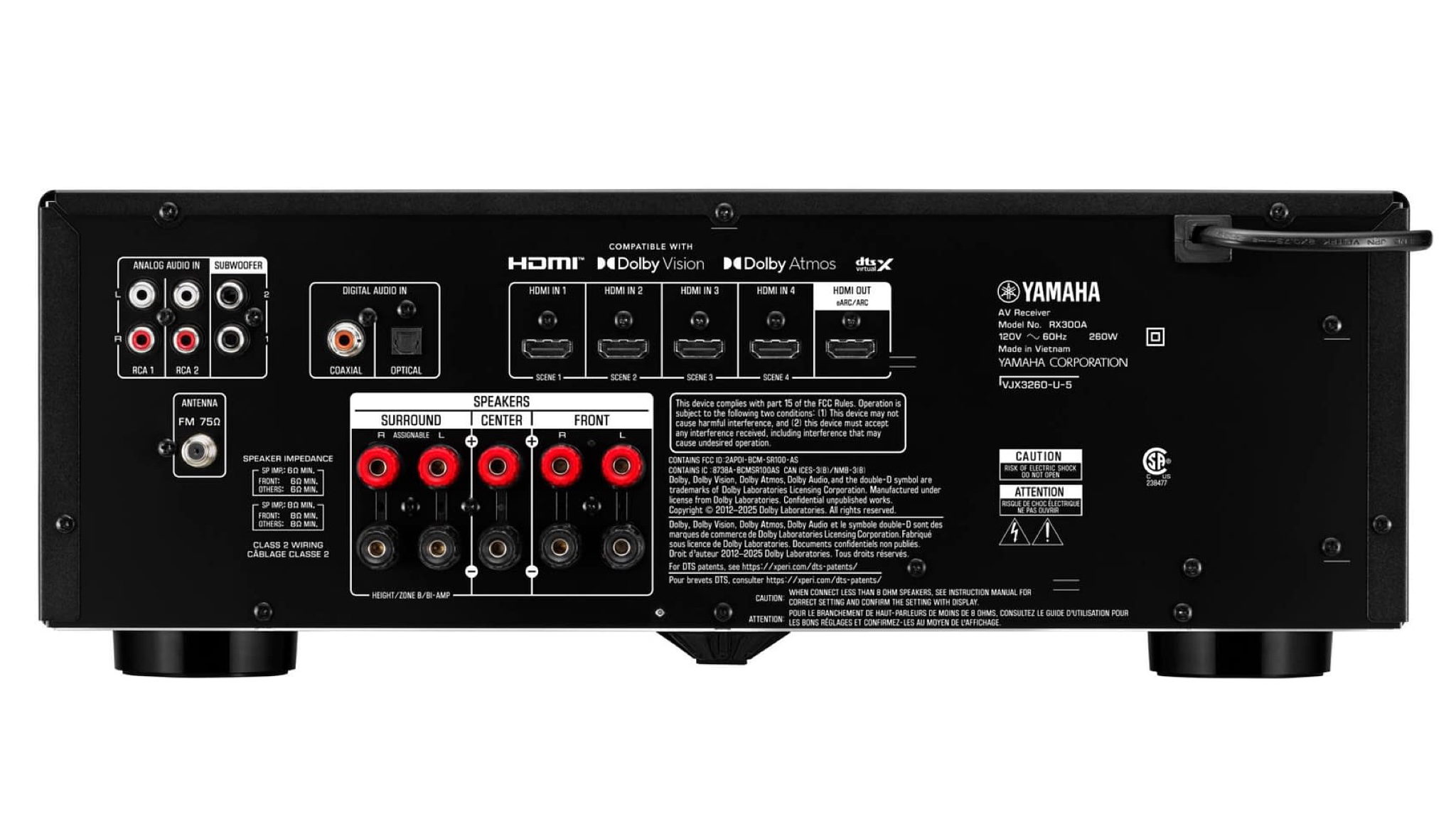 Rear view of Yamaha RX300A AV receiver showing connections
