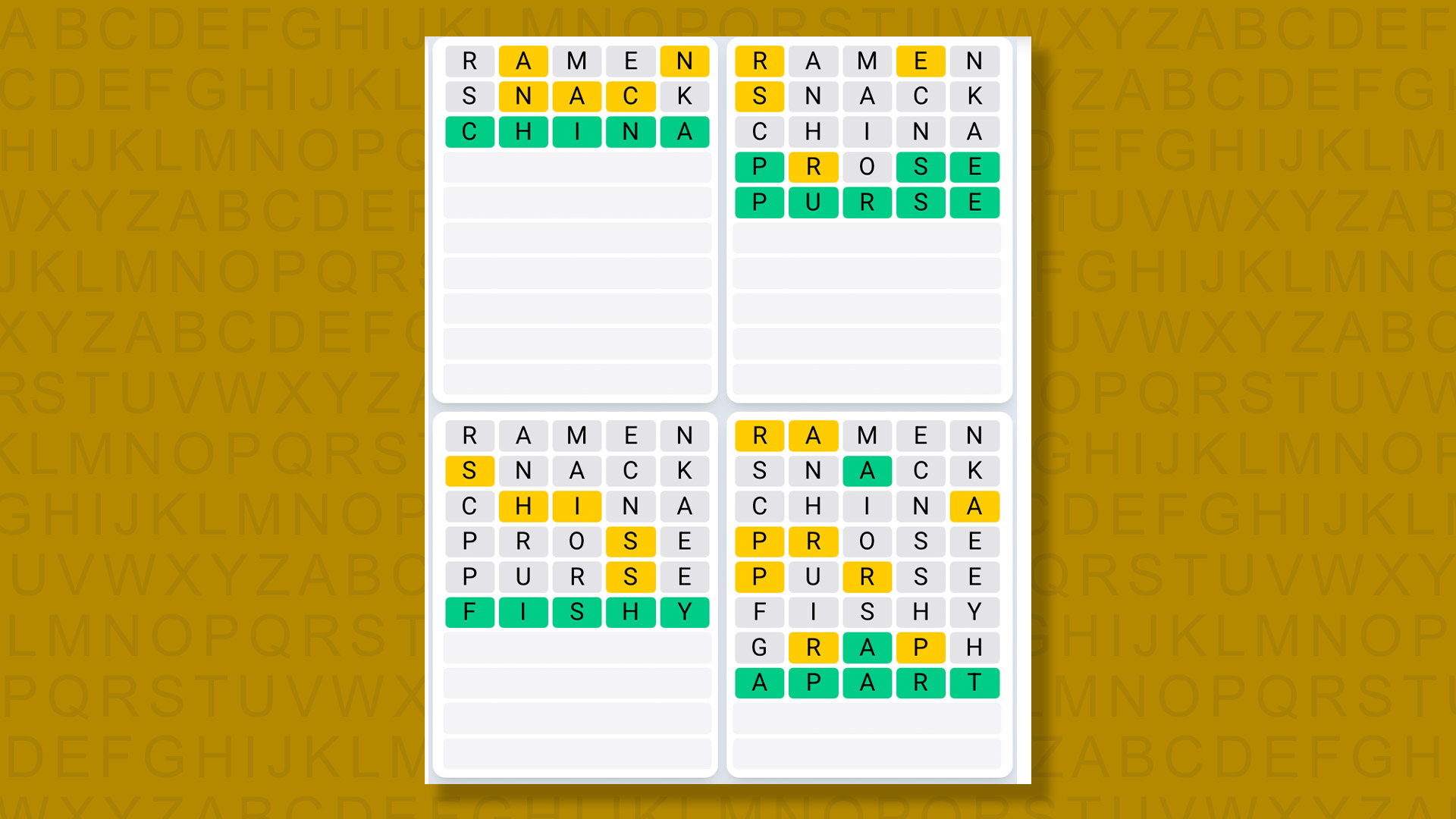 Quordle Daily Sequence answers for the game 1589 on yellow background