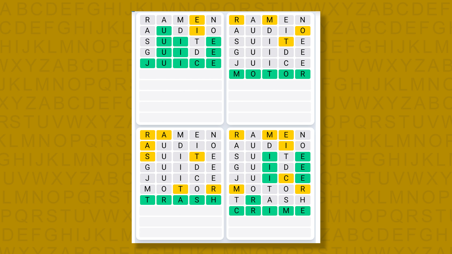 Quordle Daily Sequence answers for game 1591 on yellow background